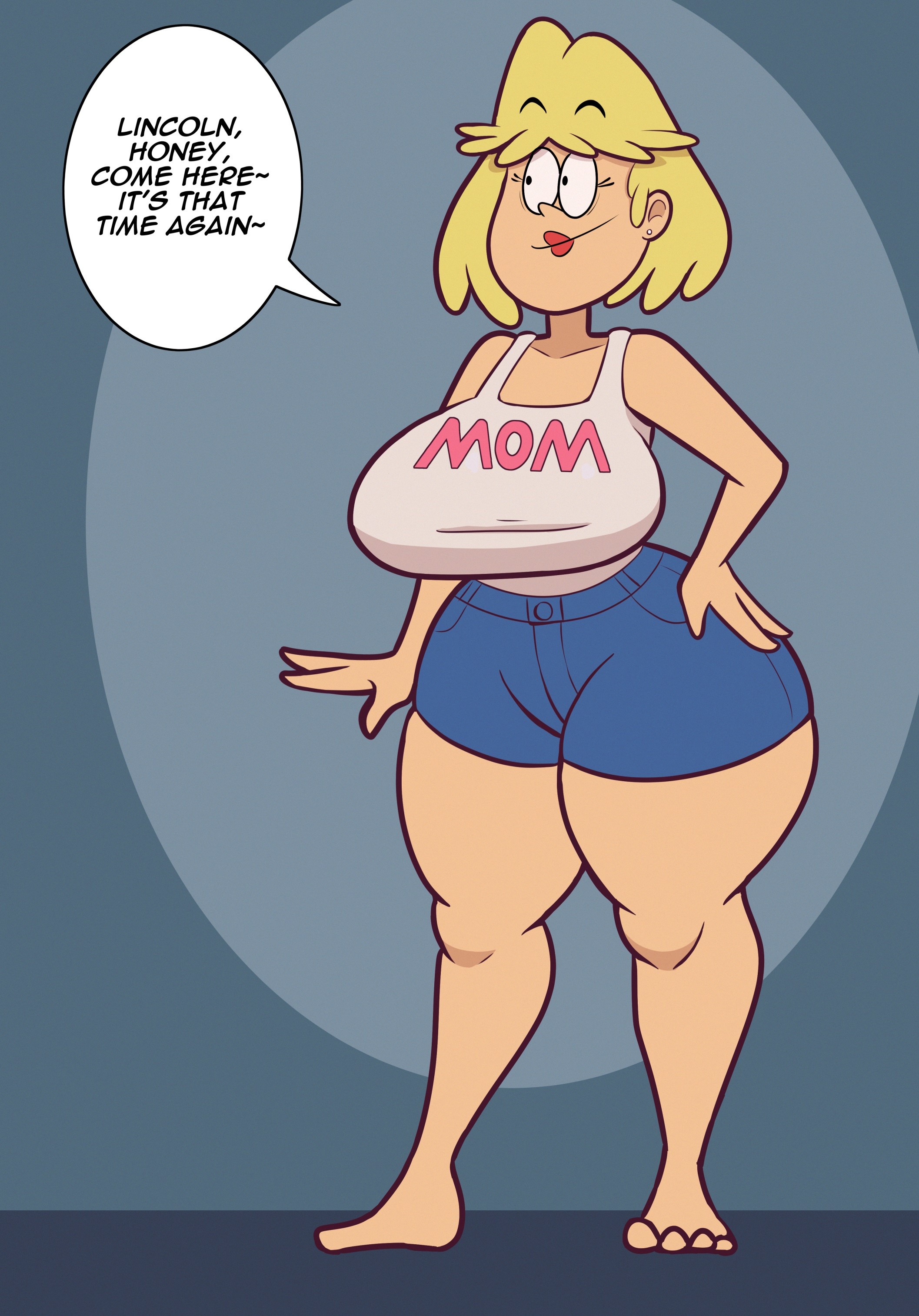 1girls, 2d, barefoot, big breasts, blonde hair, blue shorts, breasts, busty, clothed, clothed female, dialogue, duplicate, english text, feet, female, female only, giant breasts, huge breasts, huge thighs, implied incest, jess4u, mature female, milf, mother and son, rita loud, short shorts, solo, speech bubble, tagme, the loud house, thick, thick legs, thick thighs, voluptuous, voluptuous female, white shirt, wide hips
