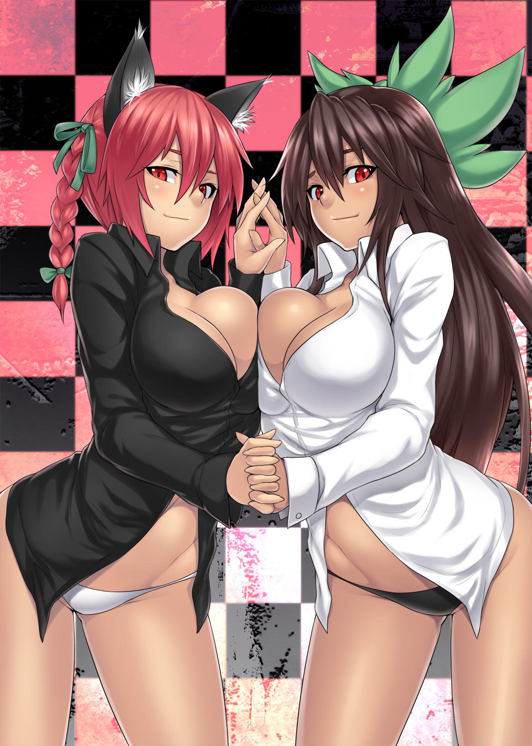 animal ears, black panties, blush, bow, breast press, breasts, brown hair, cat ears, cleavage, dress shirt, female, hair ribbon, holding hands, houtengeki, no pants, panties, red eyes, red hair, rin kaenbyou, standing, tagme, touhou, utsuho reiuji, white panties