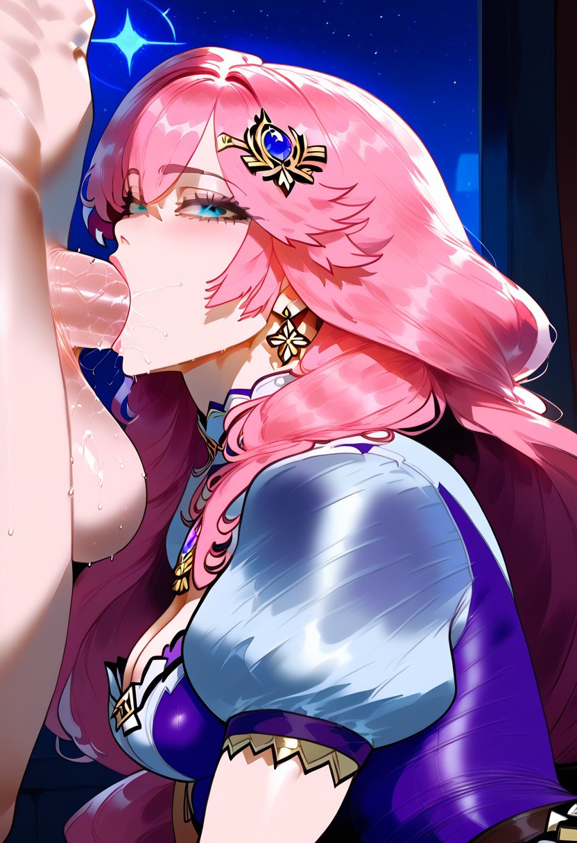 ai_generated blowjob civitai close-up deepthroat league_of_legends looking_at_viewer mr_cheese121 pink_hair seraphine_(league_of_legends) side_view sucking sucking_penis