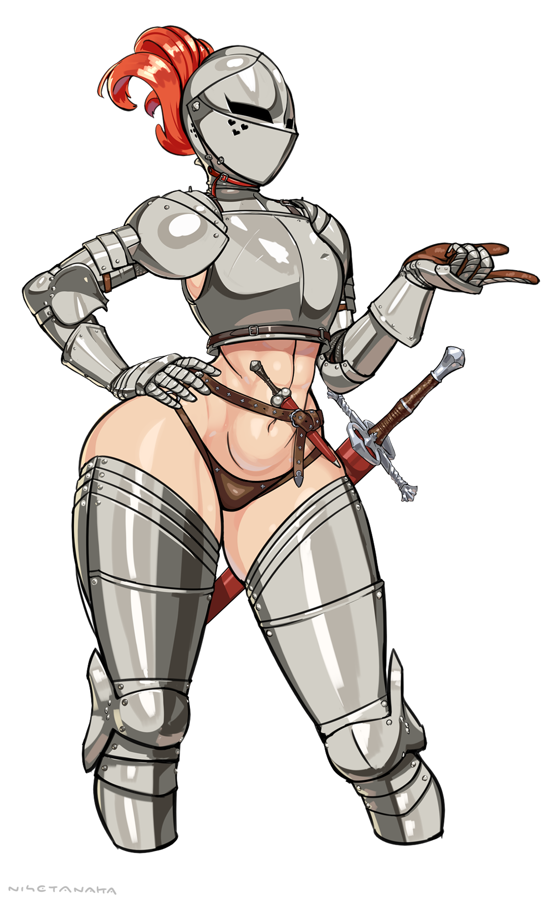 1girls, abs, armor, bollock dagger, edit, edited, helmet, hips, kardia (nisetanaka), kardia of rhodes, knife, knight, knight armor, medieval armour, navel, nisetanaka, nisetanaqa, original, panties, plate armor, pointing, simple background, stomach, sword, thick thighs, thighs, third-party edit, tummy, white background, wide hips