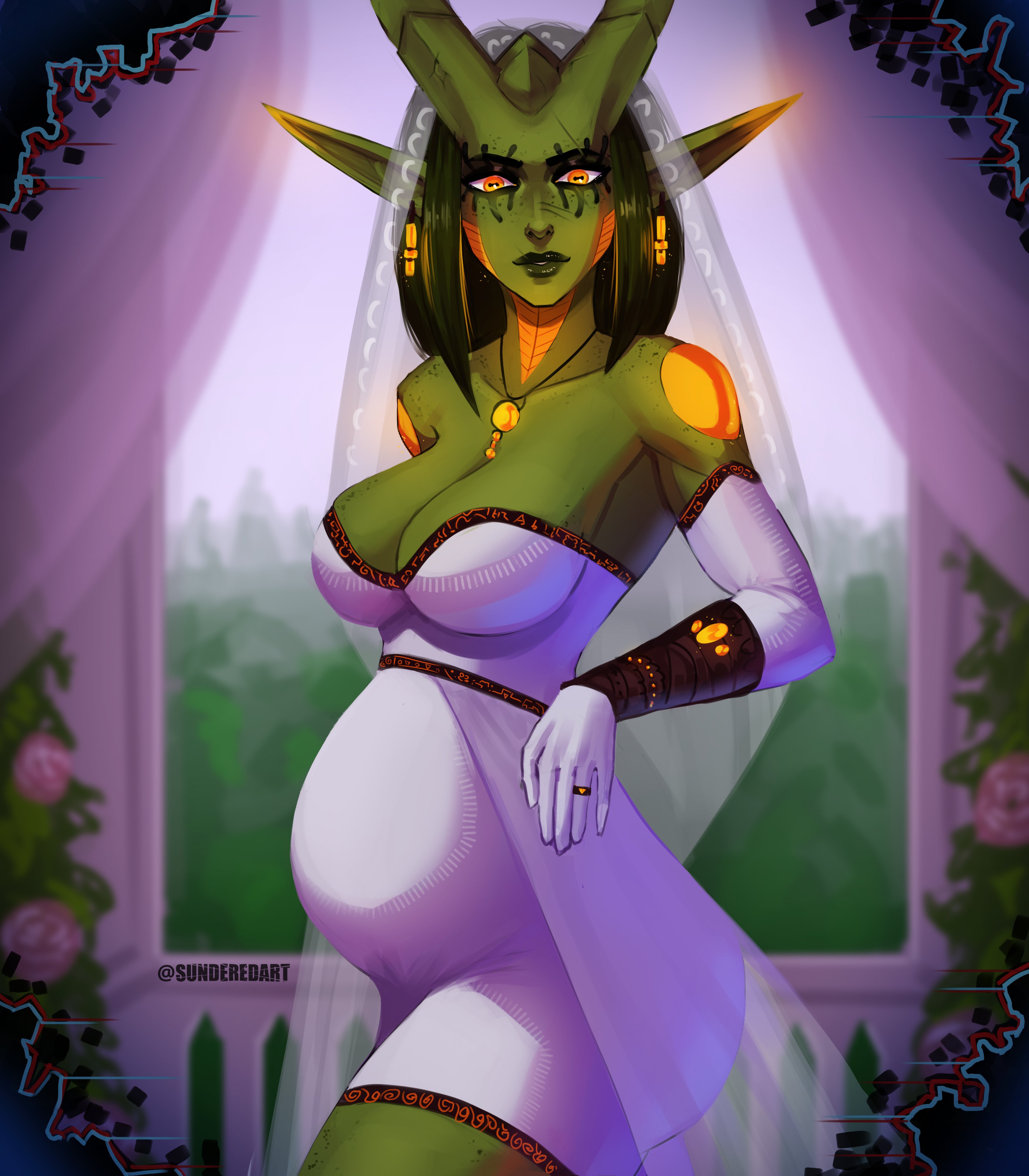 1girls, alien, alien girl, big ass, big belly, big breasts, bioluminescence, borrowed character, breasts, chymlaxi, cleavage, clothed, female, good end, green hair, green skin, green-skinned female, horns, large breasts, long hair, long pointy ears, natyss, orange eyes, original, pointy ears, pregnant, pregnant belly, pregnant female, ring, slit pupils, solo, strapless dress, sundered, thick thighs, thighs, wedding, wedding dress, wedding ring, wedding veil, xenosexual