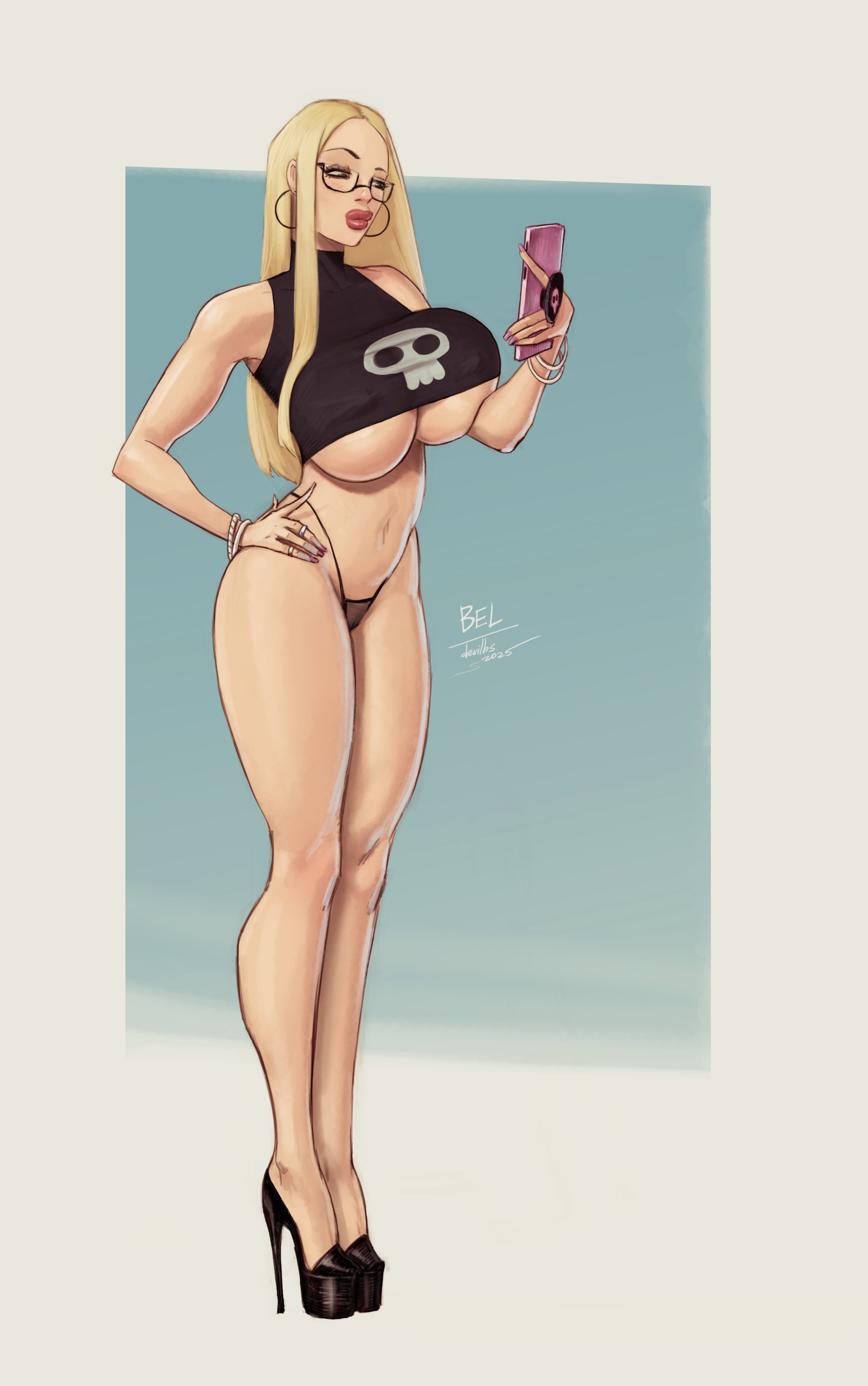 1girls, bangle, bangles, bel (belmeatart), big ass, big breasts, big lips, big thighs, bimbo lips, blonde hair, breasts, curvaceous, curvy, curvy figure, devil hs, digital media (artwork), earrings, female, female only, glasses, high heels, hips, holding object, holding phone, hoop earrings, hourglass figure, huge ass, huge breasts, huge thighs, large ass, large breasts, large thighs, legs, light skin, light-skinned female, lipstick, long fingernails, looking at phone, makeup, mature, mature female, nail polish, oc, original, original character, painted fingernails, painted nails, platform heels, revealing clothes, simple background, skimpy clothes, slim waist, standing, thick, thick hips, thick legs, thick lips, thick thighs, thighs, underboob, very high heels, voluptuous, waist, wearing glasses, wide hips, wide thighs