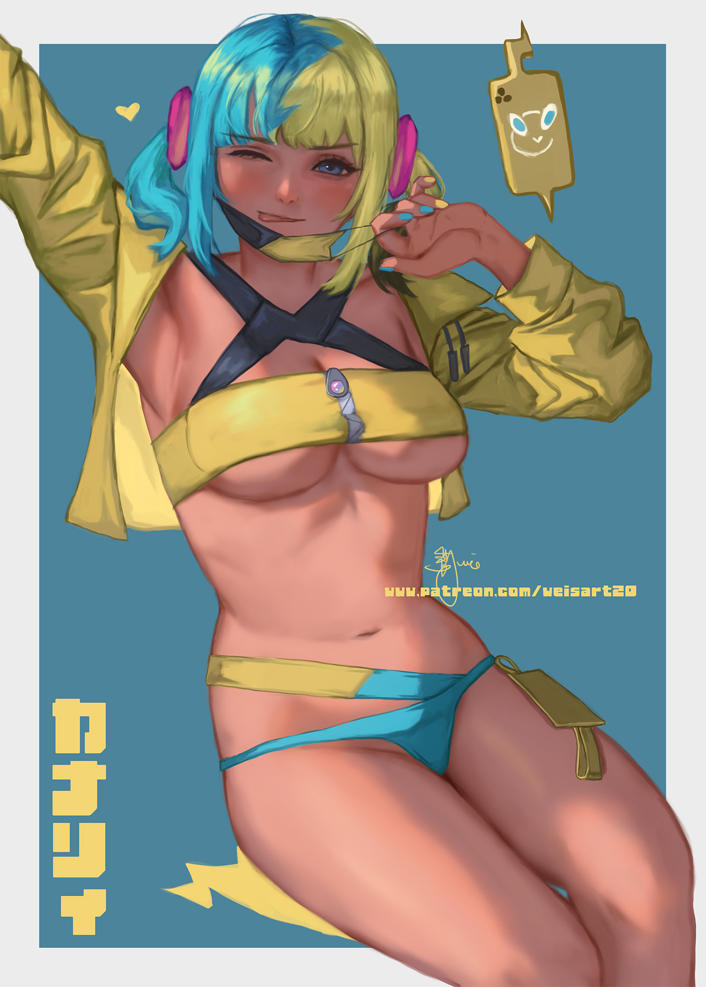1girls, aqua hair, bandeau, bikini, black mask, blonde hair, blue bikini, blue eyes, blue nails, blush, breasts, canari (pokemon), canary (pokemon), criss-cross straps, dark skin, dark-skinned female, female, game freak, heart, highres, jacket, large breasts, long sleeves, looking at viewer, mask, mask pull, mega stone, mouth mask, multicolored hair, multicolored nails, nail polish, navel, nintendo, one eye closed, pokemon, pokemon legends: z-a, rotom, rotom phone, short twintails, smile, split-color hair, sports bra, stomach, swimsuit, tongue, tongue out, twintails, two-tone hair, two-tone mask, underboob, wei (promise 0820), yellow bandeau, yellow jacket, yellow mask, yellow nails, yellow sports bra