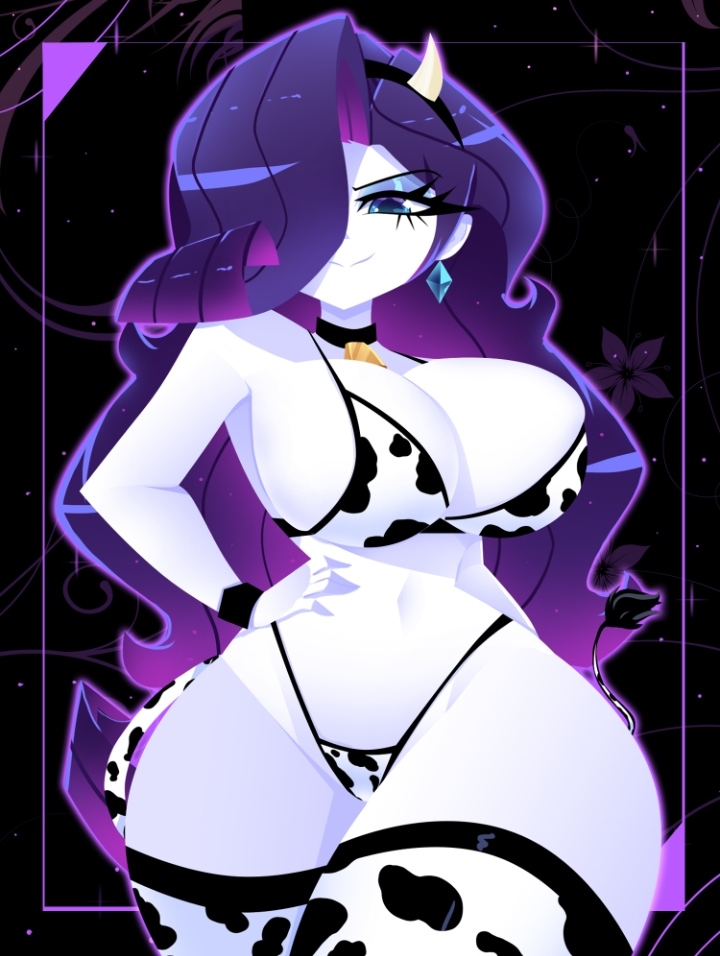 1girls, 2020s, 2025, 2d, alternate breast size, alternate version available, big breasts, big thighs, bikini, blue eyes, breasts, breasts bigger than head, cow bell, cow horns, cow print, cow print bikini, curvaceous, curvaceous female, curvaceous figure, curvy, curvy body, curvy female, curvy figure, digital media (artwork), earring, equestria girls, fake animal ears, female, hair over one eye, hand on hip, hourglass figure, huge breasts, huge thighs, legwear, long hair, my little pony, no ai, pale skin, purple hair, rarity (eg), rarity (mlp), solo, thick thighs, thighhighs, thighs, thighs bigger than head, two-piece swimsuit, very long hair, white body, white skin, xan-gelx (xan)