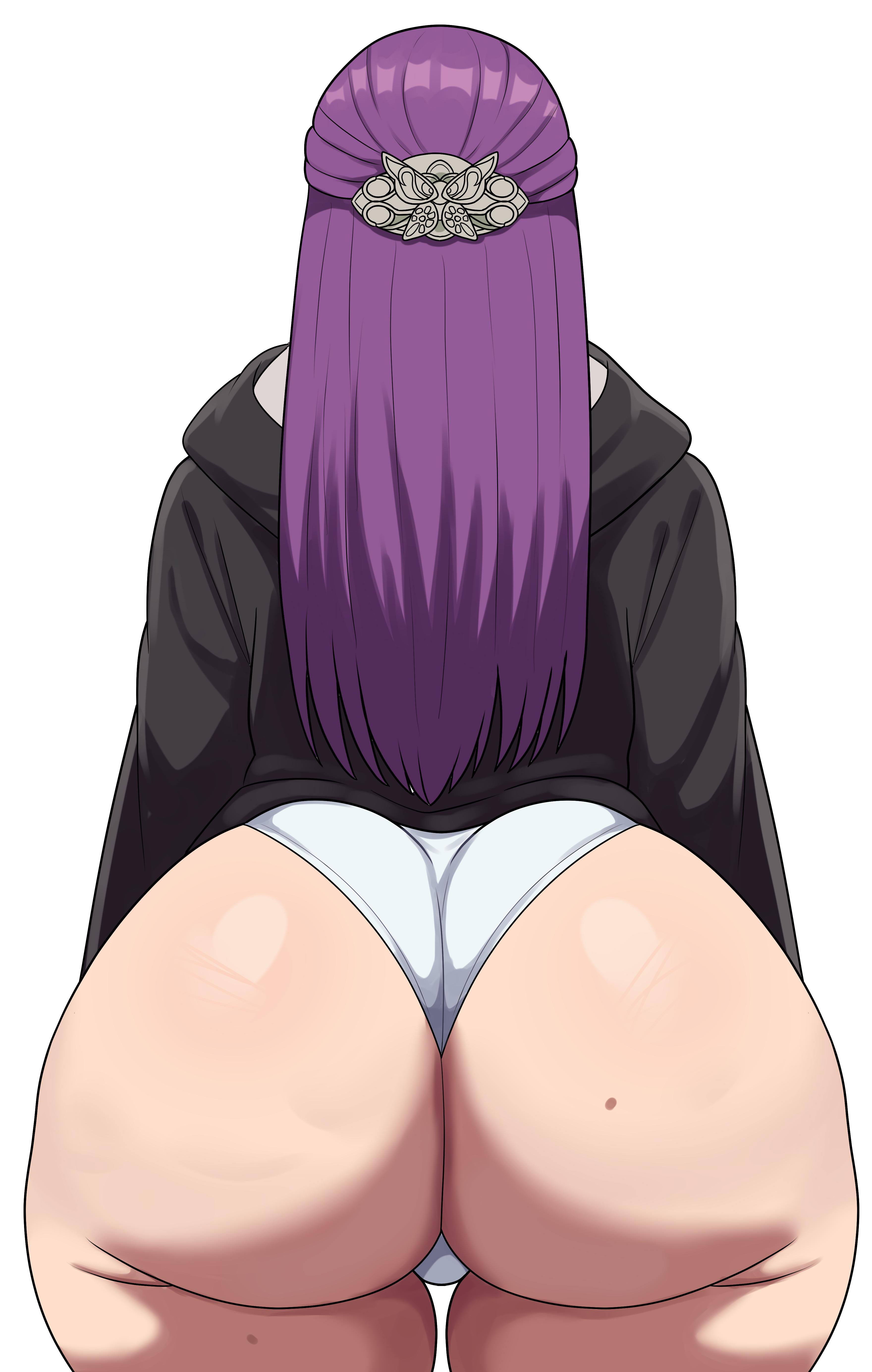 1girls, ass, ass focus, back, back view, big ass, black coat, bubble ass, bubble butt, cape, child bearing hips, clothing, coat, curvaceous, female, female focus, fern (sousou no frieren), freshnsfw, from behind, hair ornament, high resolution, hood, hood down, huge ass, large filesize, light skin, light-skinned female, long hair, long sleeves, mesmerizing ass, mole, mole on ass, mole on thigh, no pants, paid reward, panties, pantsu, plump, presenting ass, purple hair, ready for sex, solo, solo female, sousou no frieren, standing, straight hair, tagme, thick ass, thick thighs, thigh gap, thighhighs, thighs, tied hair, underwear, very high resolution, white panties, white underwear, wide hips