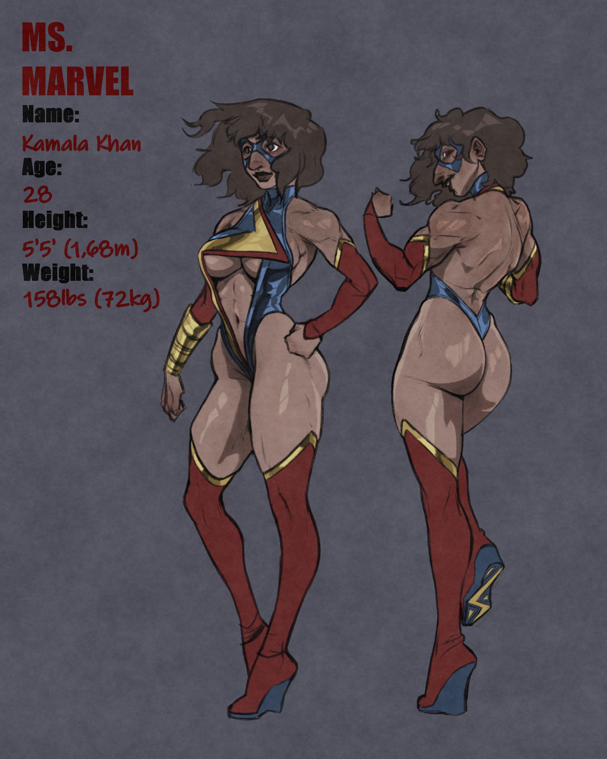 1girls, alternate costume, alternate version at source, alternate version available, ass, boots, bracelet, breasts, brown eyes, brown hair, character profile, character sheet, dark skin, dark-skinned female, female, female only, flexing, flexing arms, kamala khan, large ass, large breasts, leotard, marvel, marvel comics, melykeyb, ms. marvel, muscular, muscular back, muscular female, navel, navel cutout, plump ass, sideboob, simple background, thick, thick thighs, thigh boots, thighhighs, thighs, timeskip, underboob, wide hips