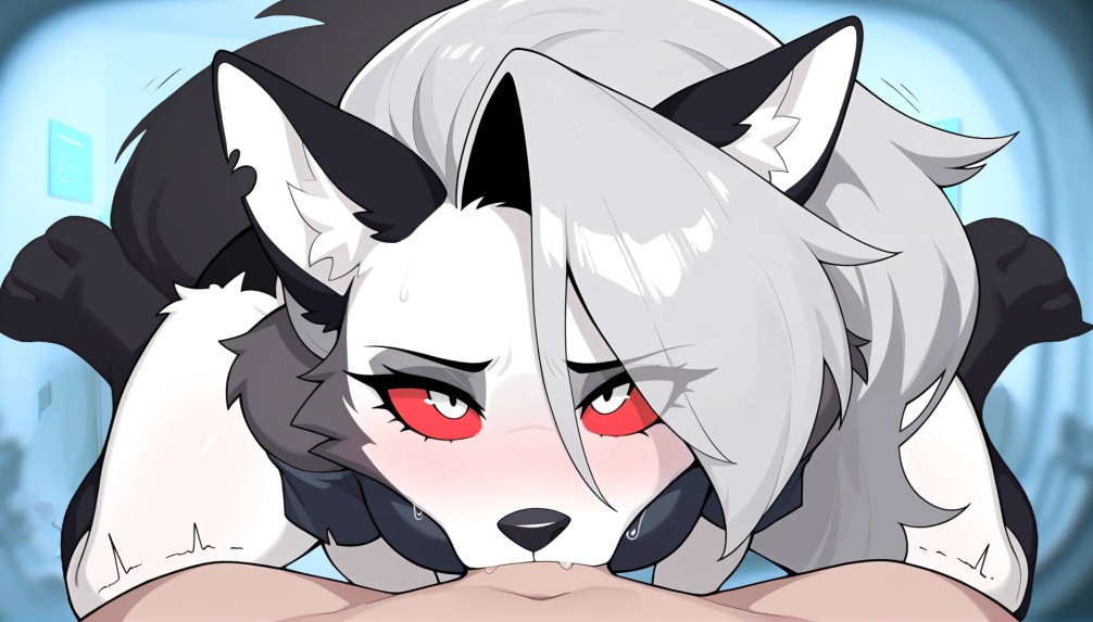 ai generated, blowjob, deepthroat, furry, helluva boss, long hair, loona (helluva boss), red eyes, silver hair, sucking penis, wolf ears, wolf girl, wolf tail, yes, i am a furry