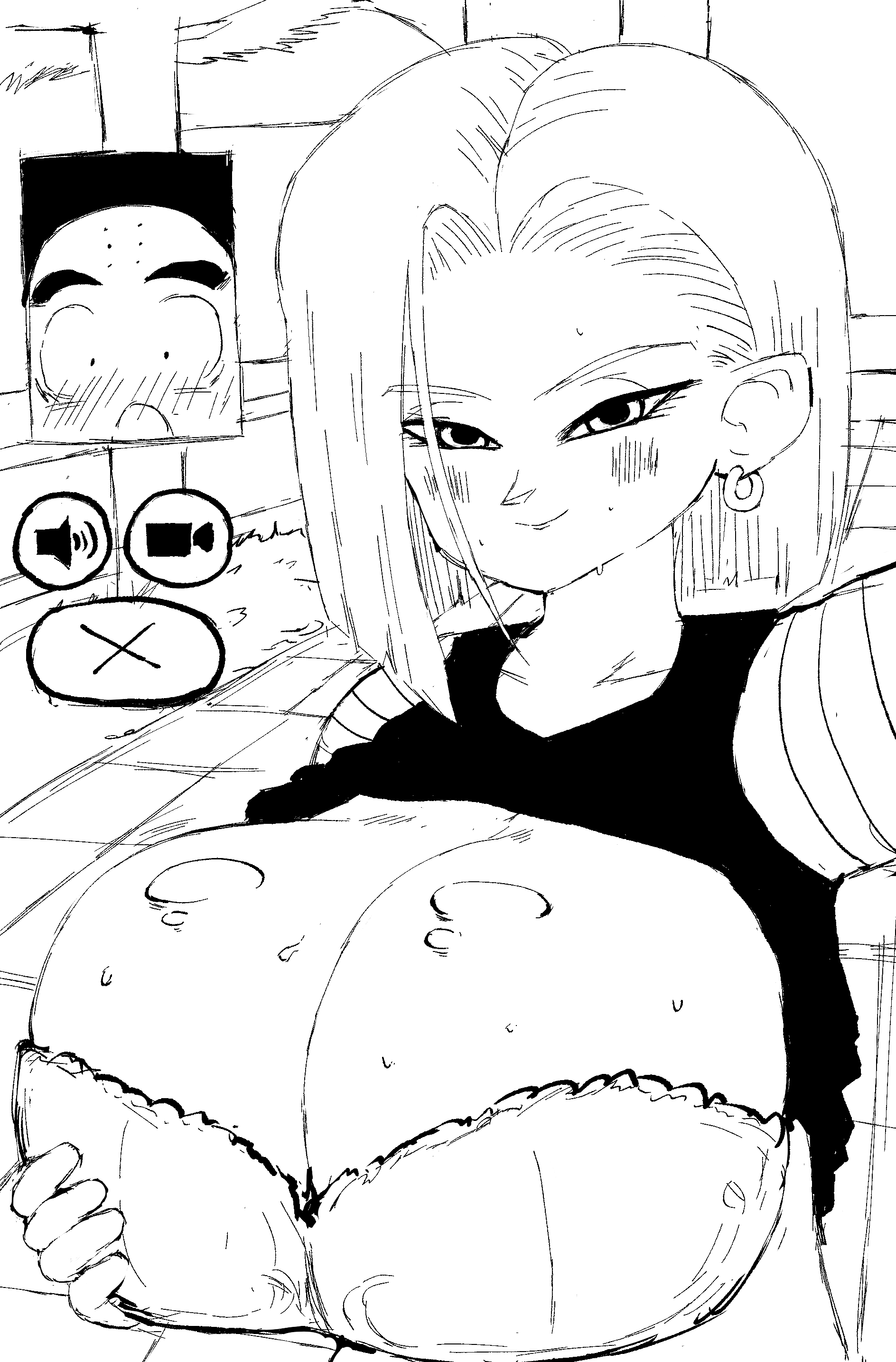 1boy, 1girl, 1girls, android 18, big breasts, blush, bra, breast focus, breasts, cleavage, dragon ball, earrings, ferretidk, fidelity, greyscale, huge breasts, jewelry, krillin, kuririn, monochrome, presenting, presenting breasts, seductive, smile, sweat, underwear, video call