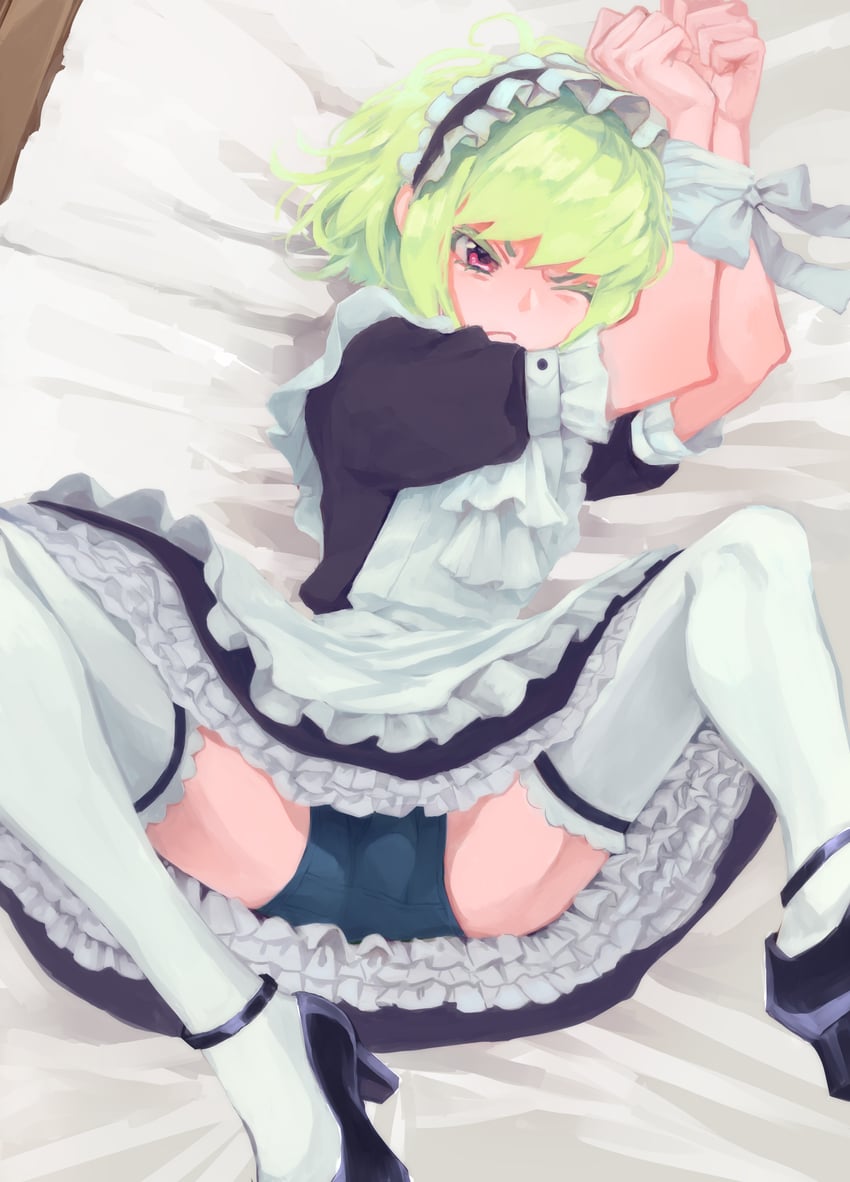 1boy, 2d, 2d (artwork), blush, bob cut, bondage, bulge, bulge through clothing, embarrassed, femboy only, lio fotia, maid, maid headdress, maid outfit, maid uniform, petite, petite body, petite male, pov, promare, short hair, slim, slim male, slim waist, solo, stockings, thighhighs, tied hands, tied up male