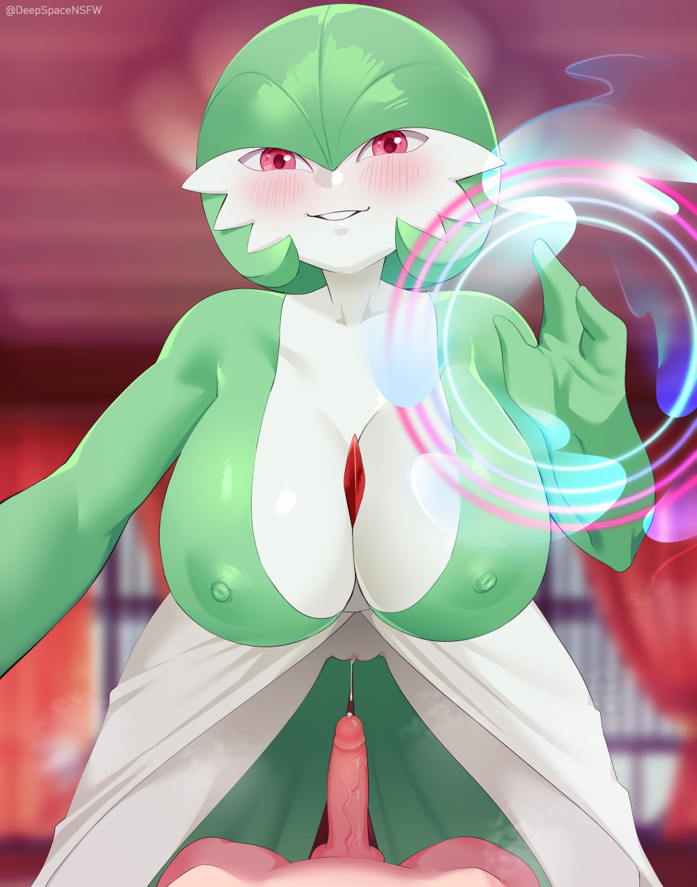 1boy, 1girls, anthro, big breasts, blush, breasts, deepspace, erect penis, female, female focus, gardevoir, generation 3 pokemon, grin, grinning at viewer, human, hypnosis, hypnotizing viewer, looking at viewer, male, male pov, nintendo, nipple outline, penis, pokemon, pokemon (species), pokephilia, pov, pov eye contact, pussy, red eyes, self upload, smiling, smiling at viewer