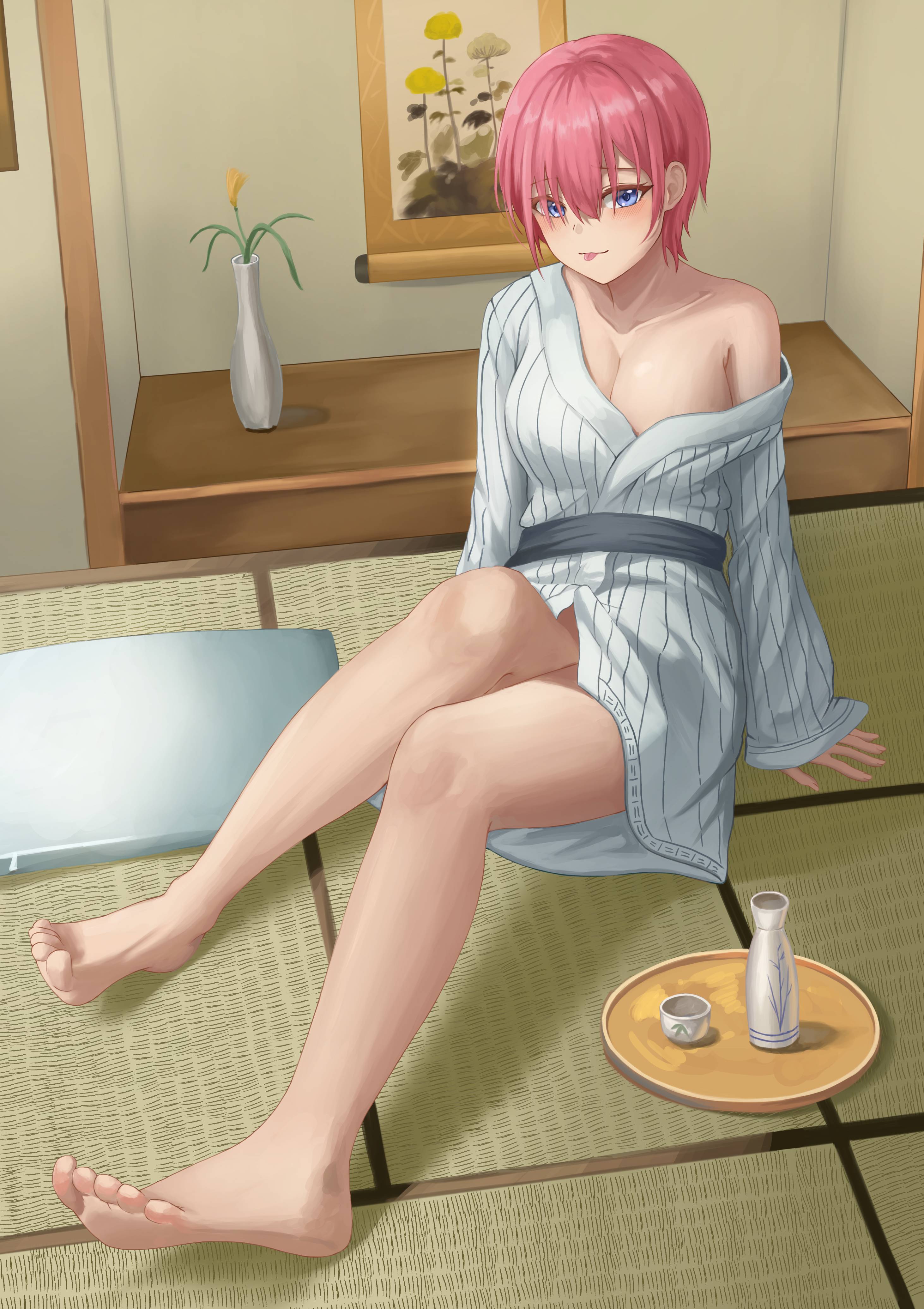1girls, 2d, 2d (artwork), 2d artwork, ankles, arm support, bare calves, bare hands, bare knees, bare legs, bare shoulders, bare soles, bare thighs, barefoot, breasts, busty, busty female, busty girl, busty teen, calves, cleavage, closed mouth smile, collarbone, digital, digital art, digital drawing, digital drawing (artwork), digital media, digital media (artwork), exposed legs, exposed shoulders, exposed skin, exposed thighs, exposed toes, feet, female, female focus, female only, fingers, full body, go-toubun no hanayome, hair between eyes, high resolution, high school student, highres, indoor, indoors, knees, large breasts, lean figure, legs, looking at viewer, nakano ichika, narrow waist, school girl, short hair, shoulders, sitting, sitting on ass, sitting on floor, sitting on ground, slender body, slender waist, slim waist, smile, smiley face, smiling, smiling at viewer, smirk, soles, solo, teen girl, teenage girl, teenage tits, teenager, thick thighs, thighs, toes, tongue, tongue out, yj (yojo san), young female, young woman