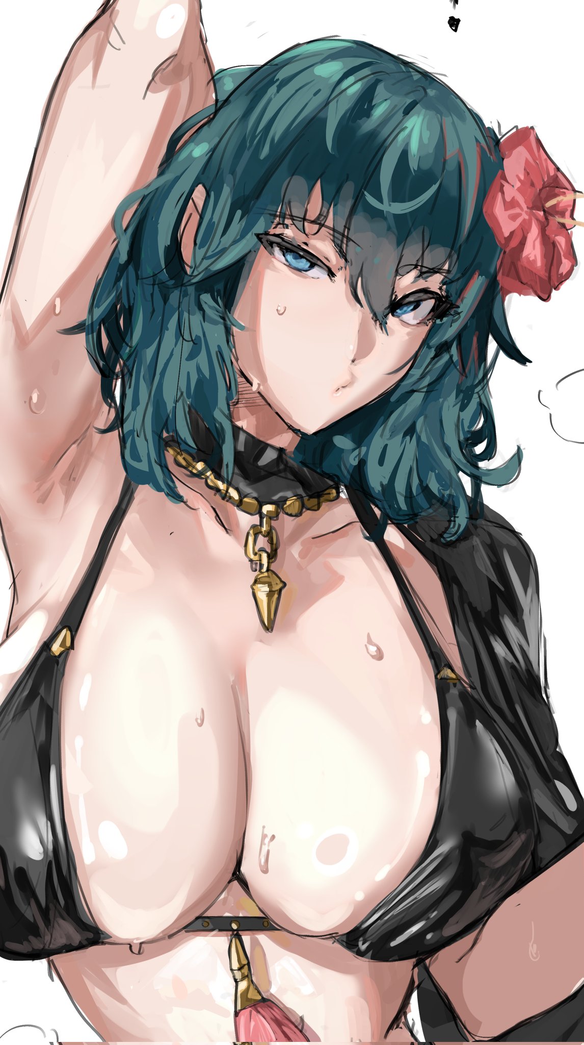 1girl, 1girls, armpits, big breasts, bikini, black bikini, blue eyes, blue hair, bonemanjake, breasts, byleth (fire emblem), byleth (fire emblem) (female), byleth (summer) (fire emblem) (female), cleavage, closed mouth, female, female only, fire emblem, fire emblem heroes, fire emblem: three houses, flower, hair flower, hair ornament, large breasts, medium hair, simple background, swimsuit, white background