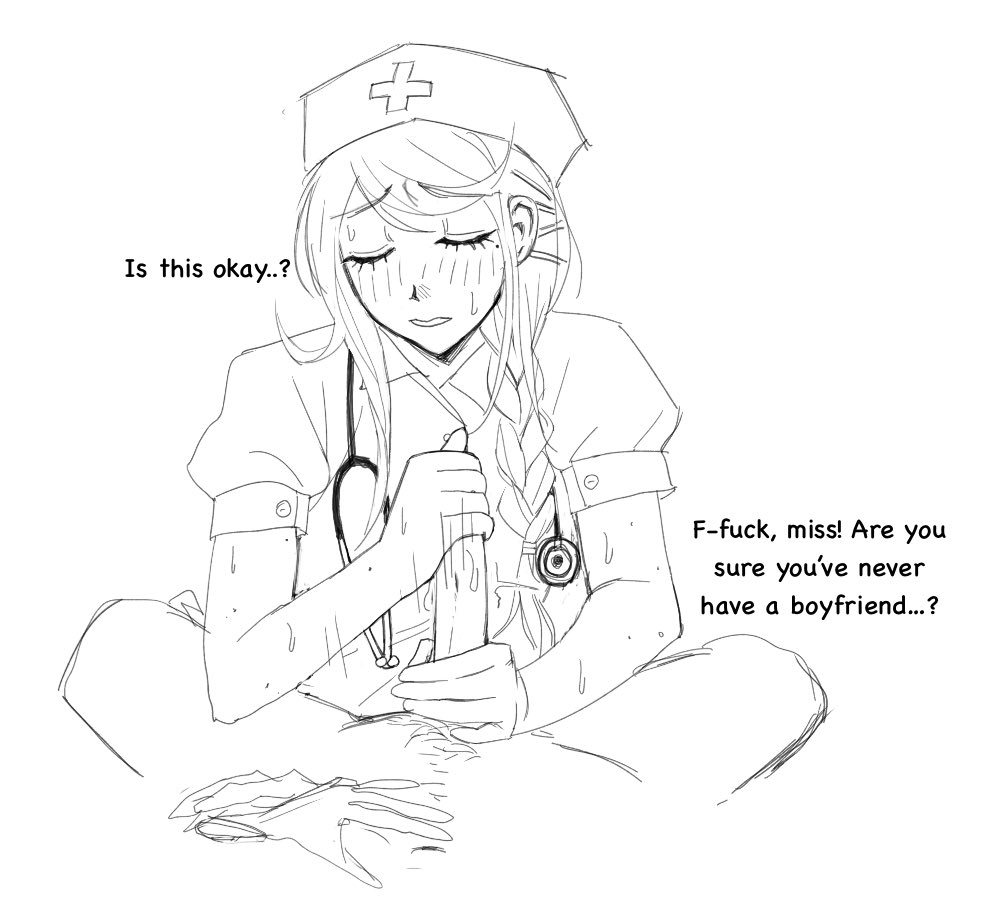 1girls, dubious consent, female, handjob, inexperienced, inexperienced female, jerking, jerking off another, jerkingoff another, kirifuji nozomi, nozotakkun, nurse, nurse cap, nurse clothing, nurse hat, nurse on patient, nurse outfit, nurse uniform, patient, straight, the hundred line -last defense academy-