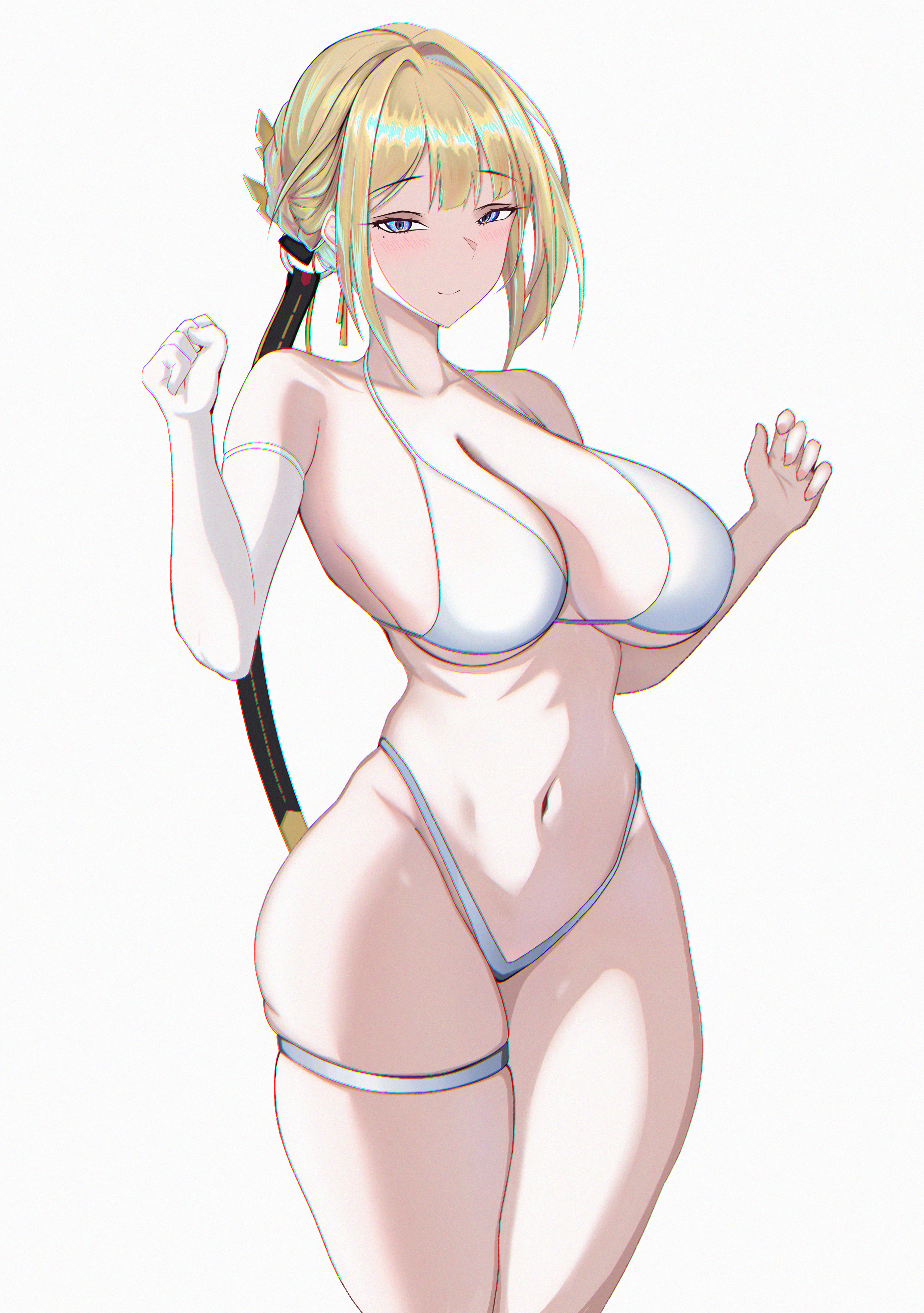 absurdres, bare shoulders, bikini, blonde hair, blush, braid, braided bun, breasts, cabbage ex, chromatic aberration, cleavage, clenched hand, closed mouth, collarbone, commentary, cowboy shot, earrings, elbow gloves, evelyn chevalier, female, fingernails, gloves, grey background, groin, hair bun, halterneck, hands up, highres, jewelry, large breasts, looking at viewer, mole, mole under eye, navel, purple eyes, ring hair ornament, short hair, simple background, single earring, single elbow glove, single hair bun, skindentation, smile, solo, standing, stomach, string bikini, swimsuit, thigh strap, underboob, variant set, white background, white bikini, white gloves, zenless zone zero