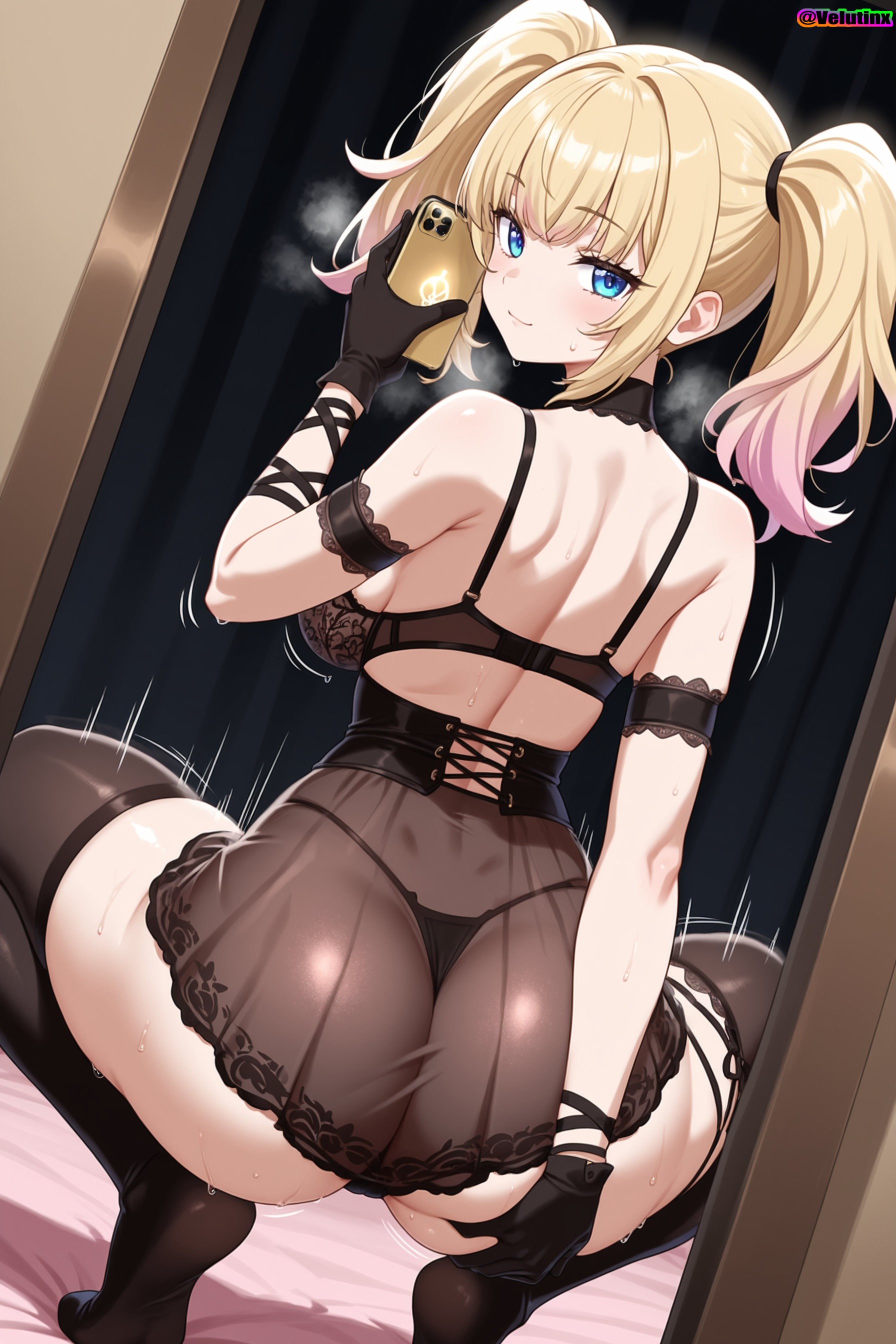1girls, ai generated, ani (twitter), arched back, arm wraps, ass, ass focus, ass grab, bedroom, big ass, big breasts, black lingerie, blonde hair, blue eyes, breasts, choker, corset, curvaceous, curvy, curvy figure, dress, female, from behind, garter belt, garter straps, gloves, gradient hair, grok, grok (x), grok (xai), hi res, high quality, highleg panties, highres, hips, hourglass figure, huge ass, huge breasts, indoors, lace trim, laced bra, laced corset, laced panties, laced underwear, leather, leather gloves, long hair, mature, mature female, multicolored hair, on floor, paid reward available, pink hair, see-through clothing, sheer lingerie, shiny skin, skindentation, smirking, soft breasts, squatting, sweat, sweating, thick thighs, thigh highs, thigh straps, thighhighs, thighs, transparent skirt, twintails, two-tone hair, velutinx, visible breath, voluptuous, voluptuous body, voluptuous female, watermark, wet body, wide hips