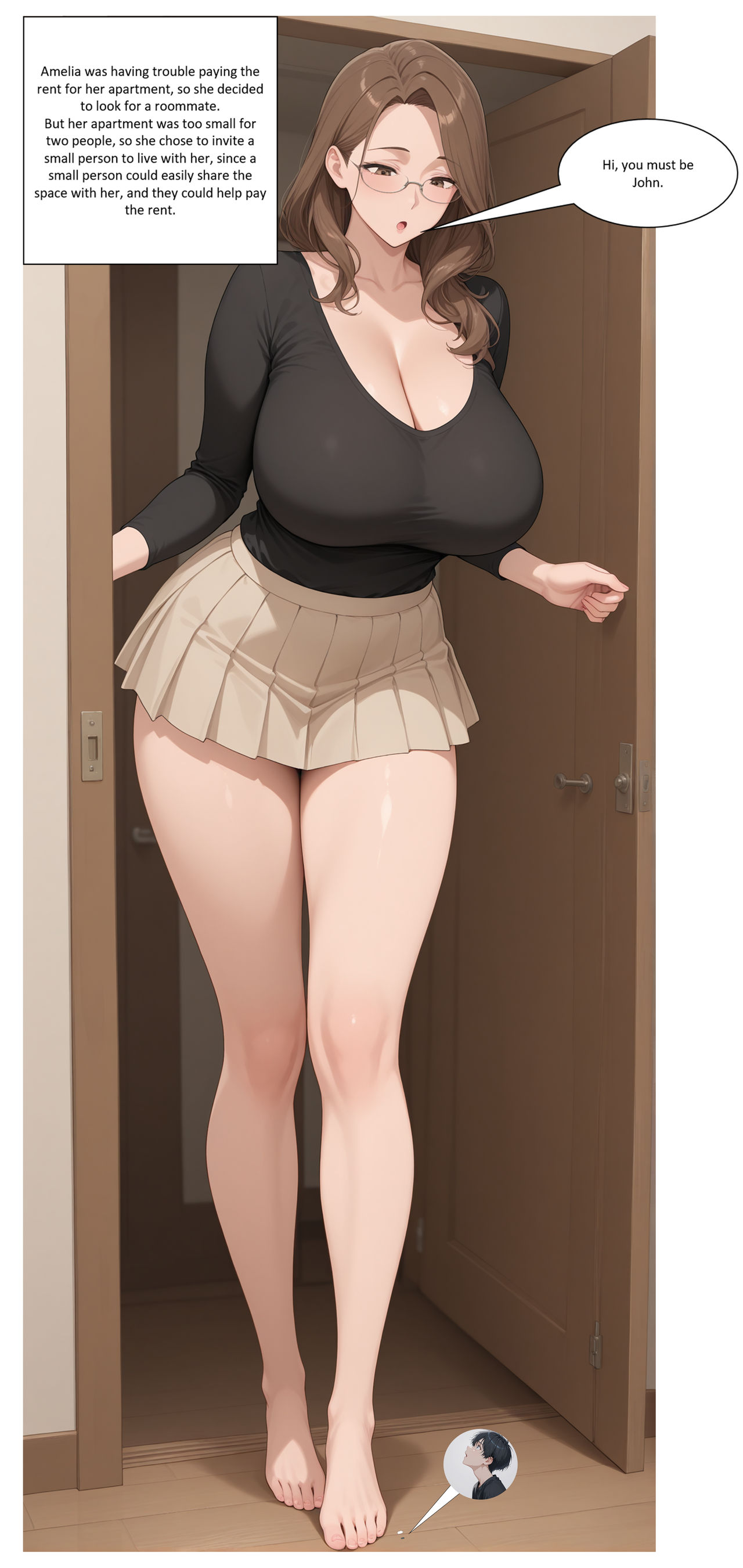 ai generated, bare legs, barefoot, brown hair, cleavage, giantess, glasses, gts, gtsrak, huge breasts, long legs, miniskirt, sexy, standing, thighs, tiny male