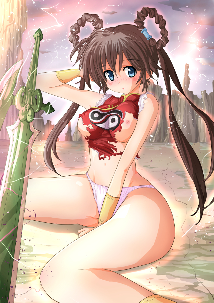 1girls 2013 2d bare_legs blue_eyes blush breasts brown_hair chinese_clothes curvaceous devil_hunter_yohko dress female hair_rings human large_breasts light-skinned_female light_skin long_hair looking_at_viewer nipples nyanko_(neko_kitchen) panties presenting ripped_clothing sitting small_nipples solo sword thick_thighs torn_clothes torn_dress weapon wide_hips yin_yang yohko_mano