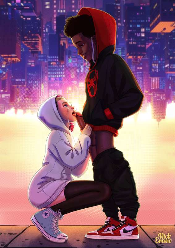 1boy, 1girls, blonde female, blonde hair, blonde hair female, blonde-haired female, blowjob, blue eyes, converse, dark skin, dark-skinned male, gwen stacy, gwen stacy (spider-verse), hoodie, interracial, leggings, light skin, light-skinned female, marvel, miles morales, nickeronic, oral, oral sex, spider-gwen, spider-man, spider-man (series), streetwear, superhero, superheroine, upside-down
