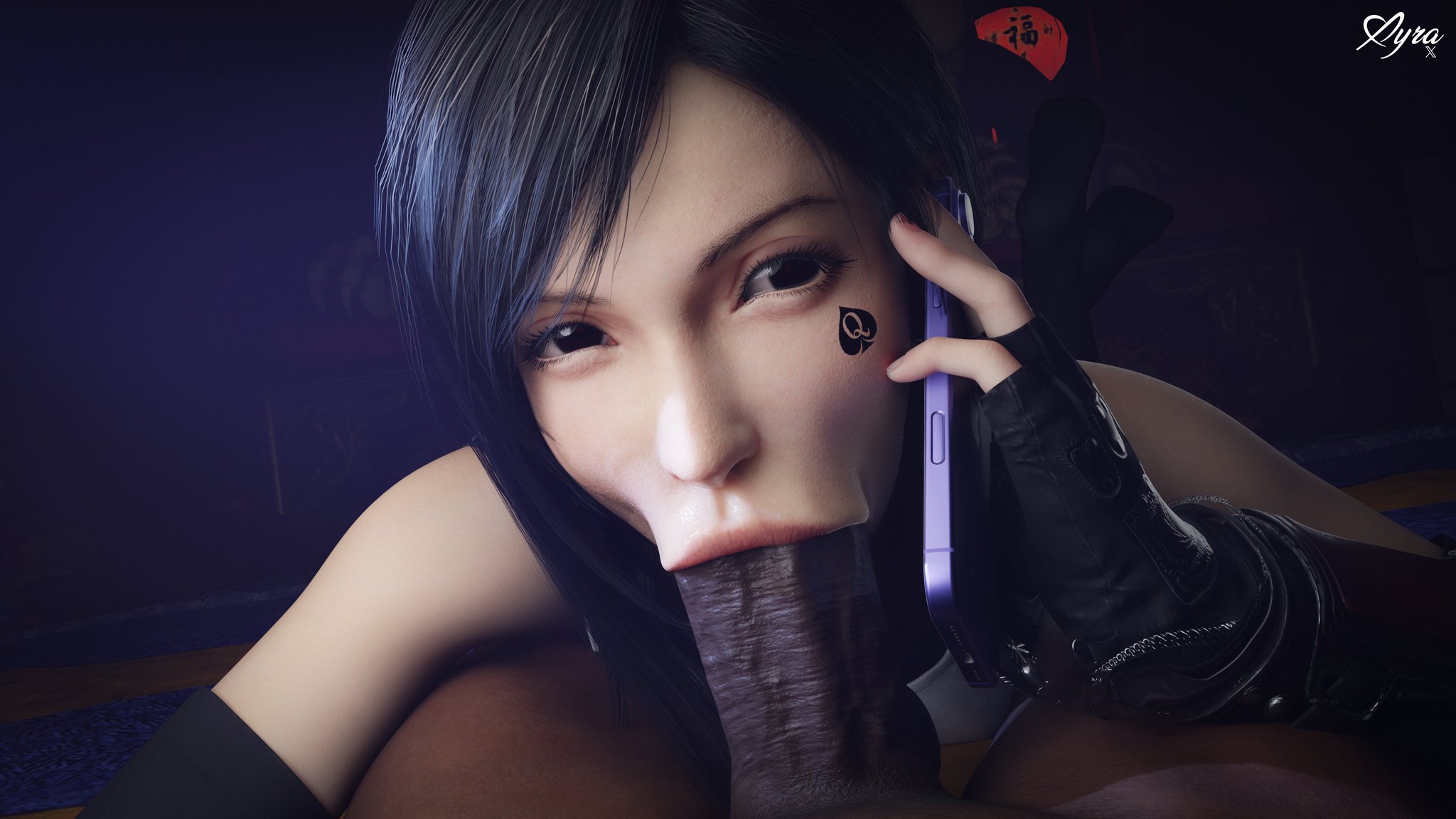 1boy, 1boy1girl, 1girls, 3d, 3d (artwork), black hair, blowjob, blowjob face, blowjob while on the phone, cellphone, dark skin, dark-skinned male, duo, elbow gloves, feline, fellatio, final fantasy, final fantasy vii, final fantasy vii remake, fingerless gloves, generic dark-skinned-muscular male, implied netorare, interracial, light-skinned female, looking at viewer, male pov, penis, pov, qos tattoo, queen of spades, red eyes, solo focus, square enix, sucking penis, talking on phone, tifa lockhart, xyra3d