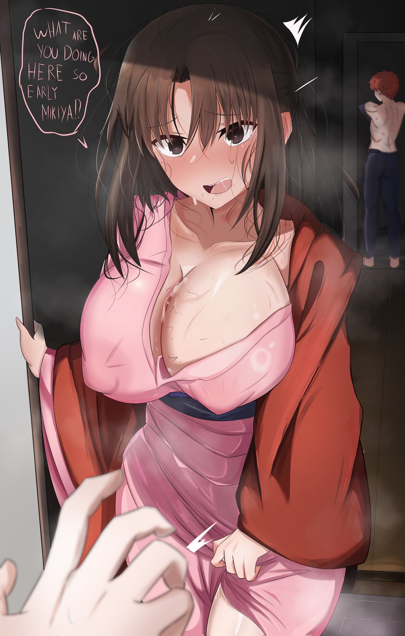 1girls, 2boys, after sex, although she hurriedly put on clothes, although she hurriedly put on clothes (meme), big breasts, bite mark, blush, bodily fluids, braless, brown hair, caught cheating, cheating, cheating wife, cuckold, cuckold pov, cuckolding, dialogue bubble, emiya shirou, english text, erect nipples, erection under clothes, fate (series), fate/stay night, female, female focus, hickey, hickey marks, infidelity, kara no kyoukai, kokutou mikiya, large breasts, male pov, netorare, nipples visible through clothing, ntr, open mouth, plump, pov, pubic hair on breasts, red hair, ryougi shiki, shokobr, speech bubble, sweat, sweatdrop, voluptuous female, yukata