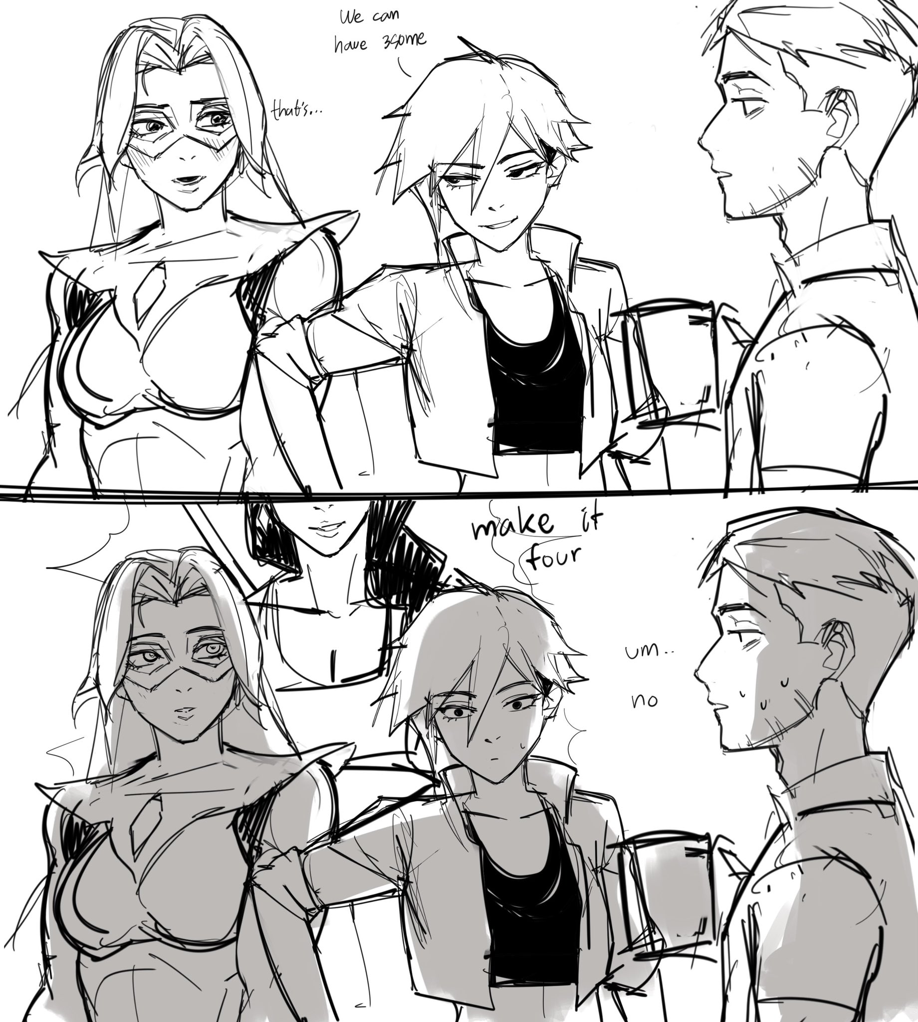 1boy, 3girls, big ass, big breasts, big thighs, black and white, blonde blazer, breasts, curvaceous, curvy, curvy figure, demon, demon girl, demoness, digital media (artwork), dispatch (game), english text, female, half demon, half-demon, hips, huge ass, huge breasts, huge thighs, invisigal, large ass, large breasts, large thighs, legs, light skin, light-skinned female, light-skinned male, male, male/female, malevola gibb, mandy (dispatch), mature, mature female, red body, red skin, red-skinned futa, robert robertson, slim waist, straight, tan body, tan skin, tan-skinned female, text, thick, thick hips, thick legs, thick thighs, thighs, tomboy, voluptuous, waist, wide hips, wide thighs, yuushiba