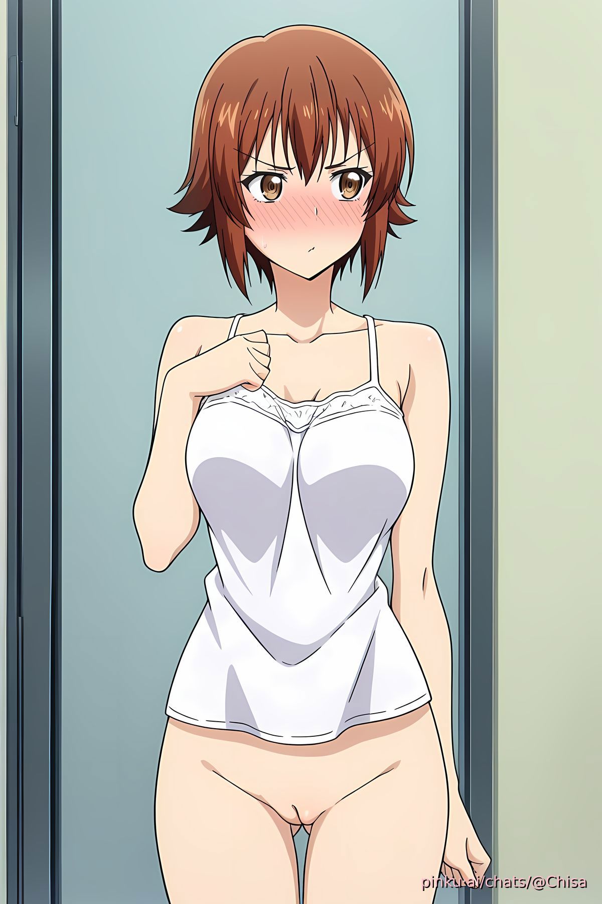 blush, breasts, brown eyes, brown hair, female, grand blue, grand blue dreaming, hair between eyes, half-dressed, kotegawa chisa, medium breasts, pussy, short hair, simple background, solo, thigh gap, uncensored