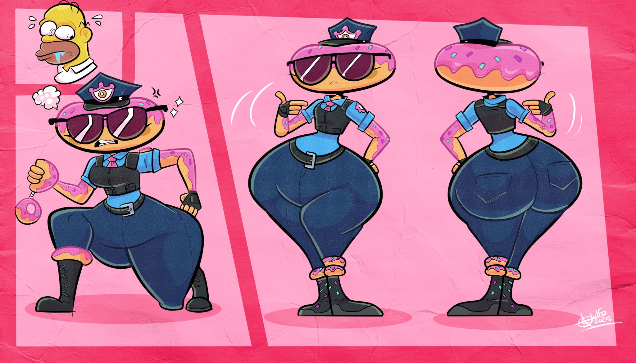 1boy, 1girls, constable sprinkle, fito45nsfw, food creature, fortnite, homer simpson, hyper ass, hyper hips, multiple panels, police, police uniform, simple background, the simpsons, wide hips