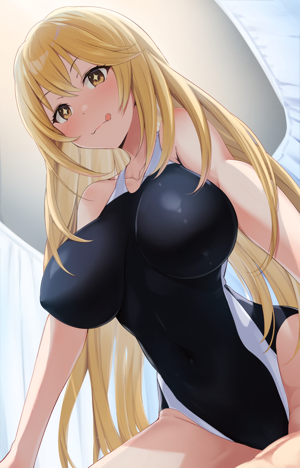 1girls, 2d, 2d (artwork), 2d artwork, aroused, belly, belly button, big breasts, bikini, black bikini, black one-piece swimsuit, black swimsuit, black swimwear, blonde female, blonde hair, blonde hair female, blonde-haired female, blush, blush face, blushing at viewer, blushing female, blushing lines, breasts, breasts apart, busty, busty female, busty girl, busty teen, collarbone, curvaceous, curvaceous body, curvaceous female, curvaceous figure, curvaceous hips, curvaceous teen, curvy, curvy body, curvy female, curvy figure, curvy hips, curvy teen, digital, digital art, digital drawing, digital drawing (artwork), digital media, digital media (artwork), excited, excited face, female, female focus, female only, fit female, from below, groin, hair between eyes, high resolution, high school student, highres, hourglass figure, human, human female, indoor, indoors, inframammary fold, inguinal crease, inguinal ligament, k3rd, large boobs, large breasts, lean figure, legs closed, legs together, leotard, licking lips, light-skinned female, linea alba, long hair, looking at viewer, looking down, looking down at viewer, midriff, narrow waist, navel, nipple bulge, one-piece swimsuit, plump breasts, ribs, school girl, shokuhou misaki, shoulders, sidelocks, simple background, slender body, slender waist, slim waist, solo, star eyes, star-shaped pupils, stomach, sukumizu, swimsuit, swimwear, teen girl, teenage girl, teenage tits, teenager, thighs, thighs together, to aru kagaku no mental out, to aru kagaku no railgun, to aru majutsu no index, tongue, tongue out, upper body, very long hair, wide hips, yellow eyes, yellow hair, yellow-eyed female, yellow-haired female, young female, young woman