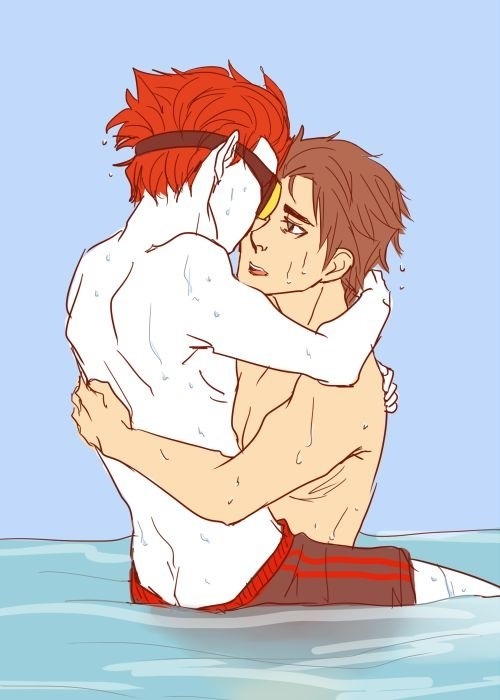 2boys albino artist_request brown_hair gay goggles hugging jack_spicer male male_only multiple_males raimundo_pedrosa red_hair swim_trunks swimming tagme topless water wet xiaolin_showdown yaoi