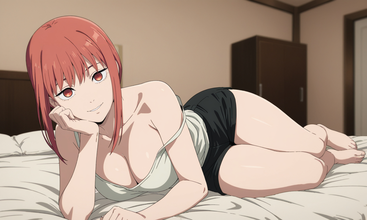 1girls, ai generated, bed, booty shorts, breasts, chainsaw man, feet, kreivan, lying, makima (chainsaw man), red hair, solo