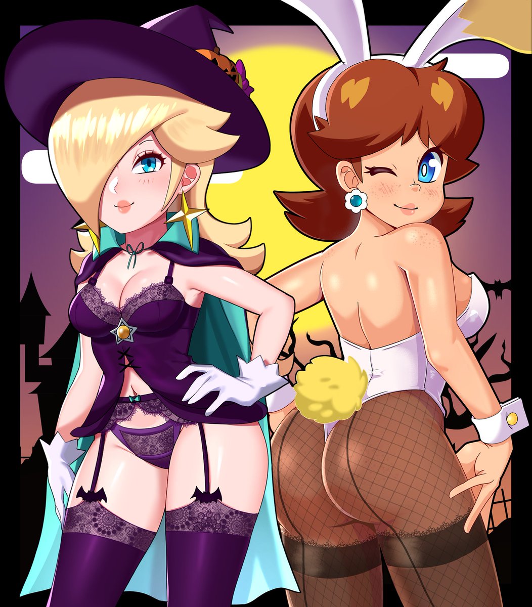 2girls, animal ears, artist collaboration, ass, babydoll, bare shoulders, blonde hair, blue cape, blue eyes, breasts, brown hair, bunny daisy, cape, cleavage, commentary, cosplay, english commentary, fake animal ears, fishnet pantyhose, fishnets, garter straps, halloween, halloween costume, hat, highres, lace, lace panties, lace trim, lace-trimmed thighhighs, lingerie, looking at viewer, mario (series), multiple girls, nintendo, one eye closed, panties, pantyhose, peachfuzz, peachfuzz (peachy), playboy bunny, princess daisy, princess rosalina, princess rosalina (halloween), purple babydoll, purple panties, rabbit ears, rosalina, sarukaiwolf, star bunny (cosplay), super mario galaxy, super mario land, super mario land 2, thighhighs, underwear, witch, witch costume, witch hat, wrist cuffs