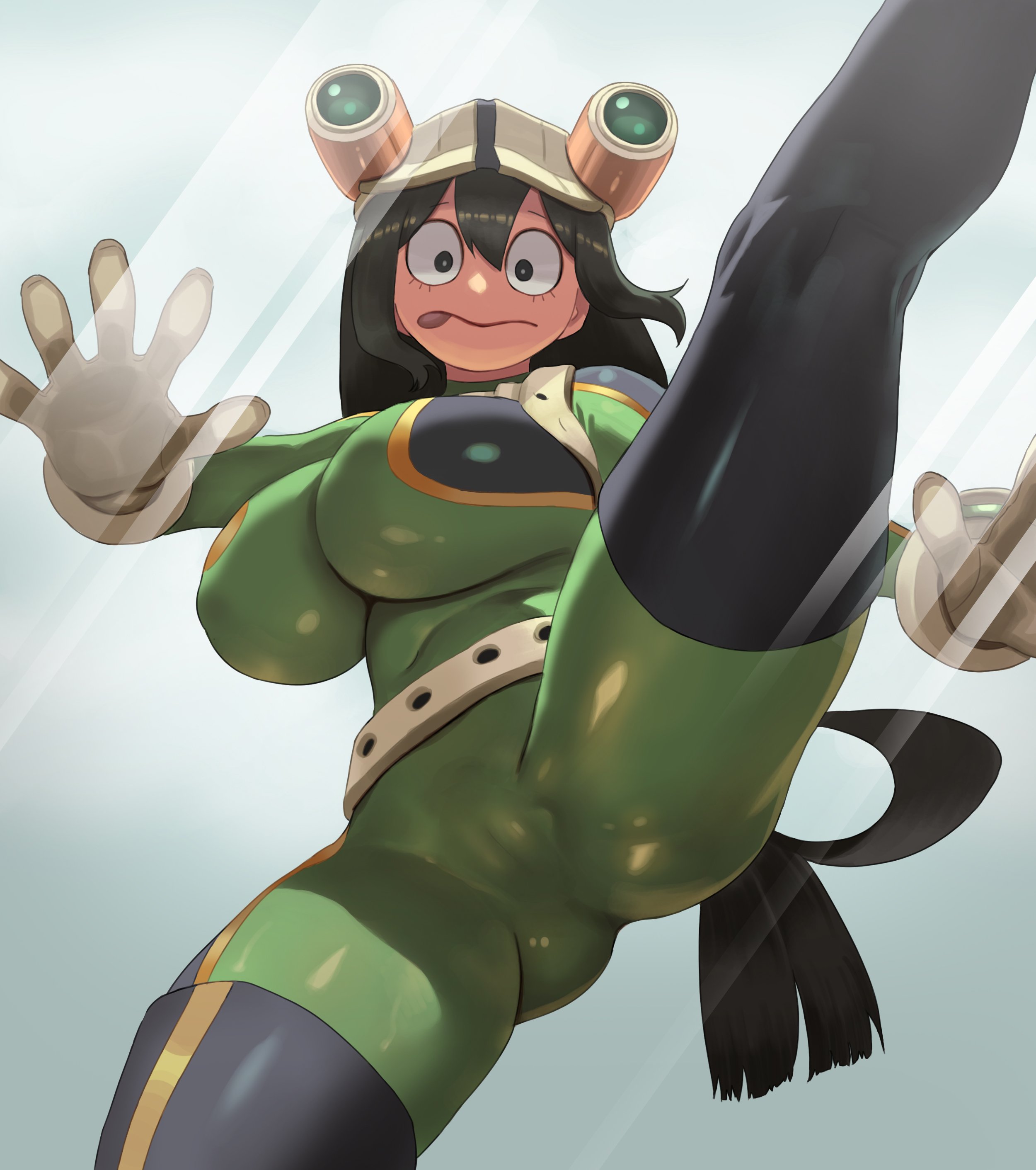 1girls, absurdres, alternate breast size, alternate breast size (larger), asui tsuyu, black eyes, black hair, bodysuit, boku no hero academia, breasts, brown gloves, bubble butt, butt from the front, cameltoe, commentary request, erect nipples, female, from below, gloves, green bodysuit, green hair, green-haired female, hair between eyes, hair rings, hat, highres, huge breasts, impossible bodysuit, impossible clothes, kicking, long hair, low-tied long hair, mmmikedaya, motion lines, my hero academia, narisokonai, narisokonai (mmmikedaya), solo, standing, standing on one leg, superhero costume, tongue, tongue out, tsuyu asui, very long hair