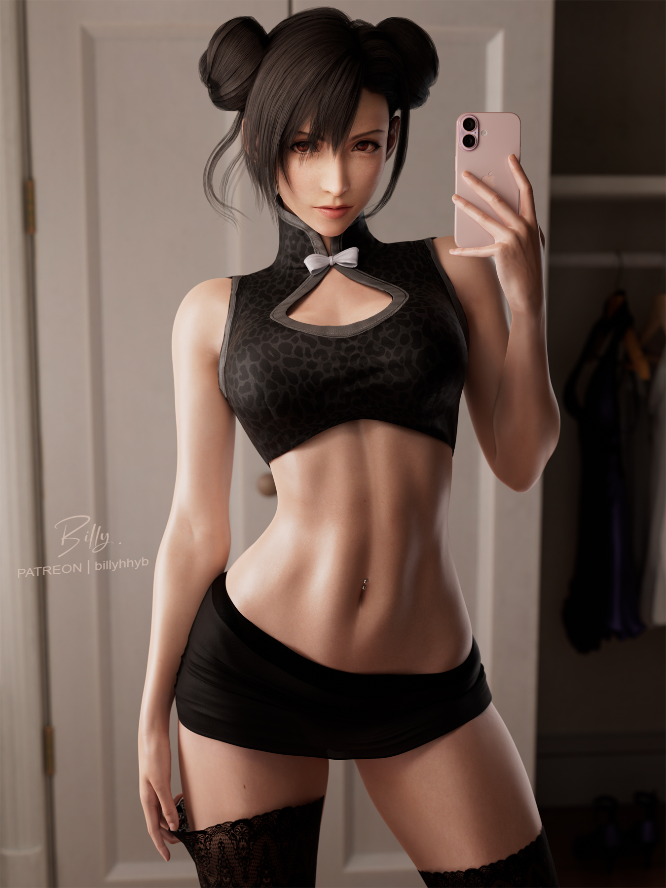 1girls, 2025, 3d, big breasts, billyhhyb, black hair, boob window, chinese clothes, covered breasts, crop top, female, female only, female torso, final fantasy, final fantasy vii, final fantasy vii remake, fit female, front view, human, human female, lace stockings, legs apart, light-skinned female, lipstick, long hair, looking at viewer, miniskirt, navel, navel piercing, ox horns, piercing, pulling stockings, red eyes, selfie, skirt, slim waist, solo, standing, stockings, thigh high stockings, thigh highs, thighhigh stockings, thighhighs, thighs, tied hair, tifa lockhart, traditional clothes, wide hips