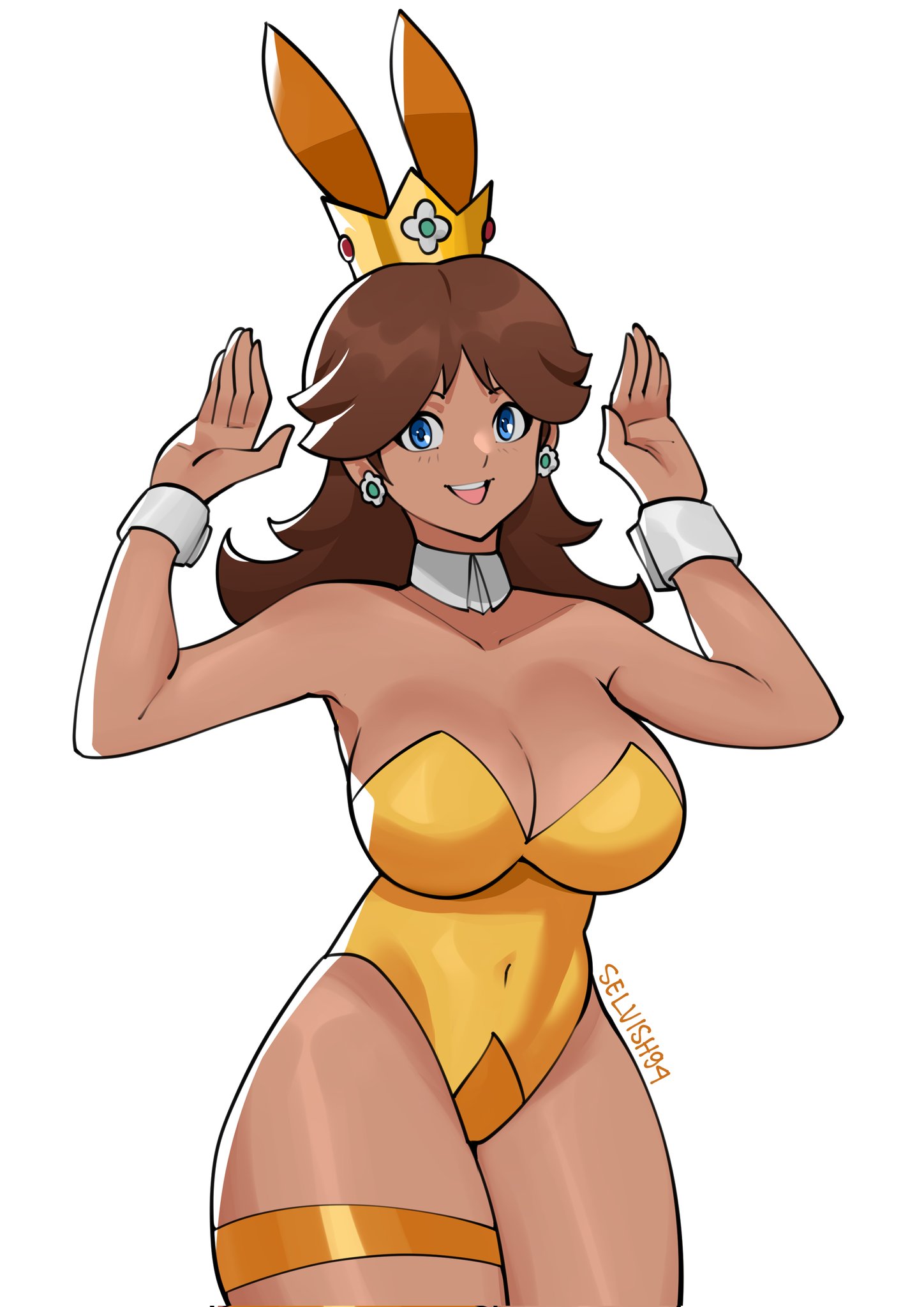 1girls, artist name, blue eyes, breasts, brown hair, bunny daisy, bunny ears, bunnysuit, carrot (mario), cleavage, covered navel, crown, detached collar, earrings, female, flower earrings, large breasts, looking at viewer, mario (series), nintendo, open mouth, orange bunnysuit, playboy bunny, princess daisy, selvish94, short hair, simple background, solo, solo female, solo focus, super mario land, super mario land 2, thick thighs, thighband, thighs, white background