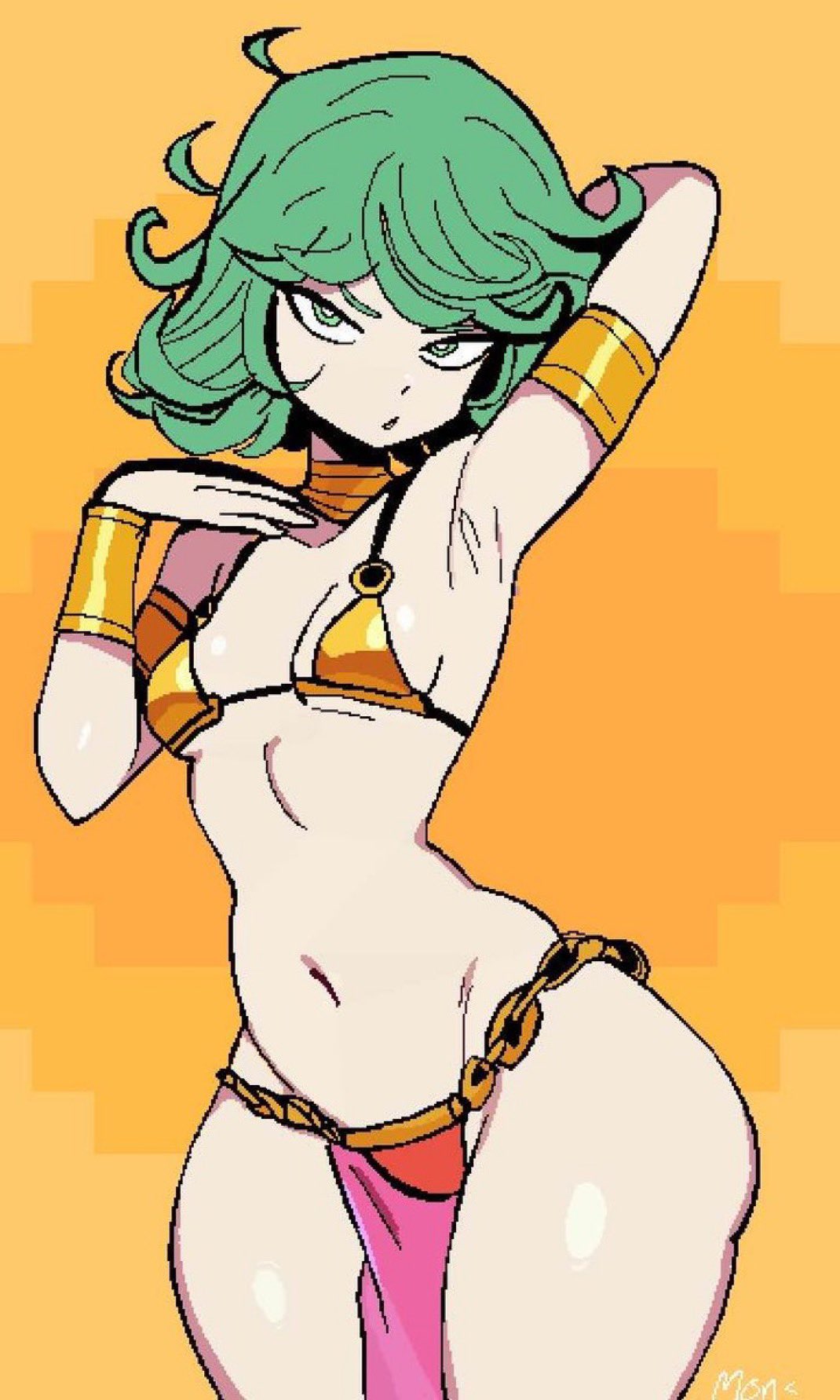 1girls, armpit fetish, female, female only, golden bikini, green eyes, green hair, hourglass figure, monmaamn, one-punch man, sole female, solo, tatsumaki, wide hips
