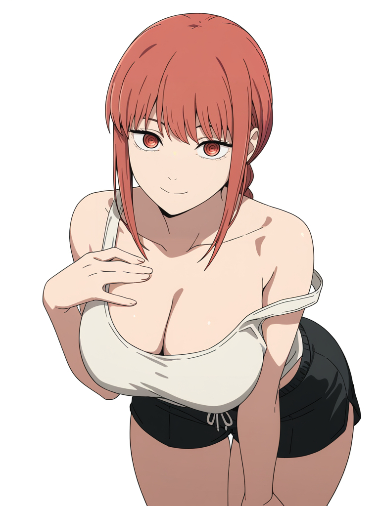1girls, ai generated, booty shorts, chainsaw man, hand on breast, kreivan, makima (chainsaw man), plain background, red hair, solo