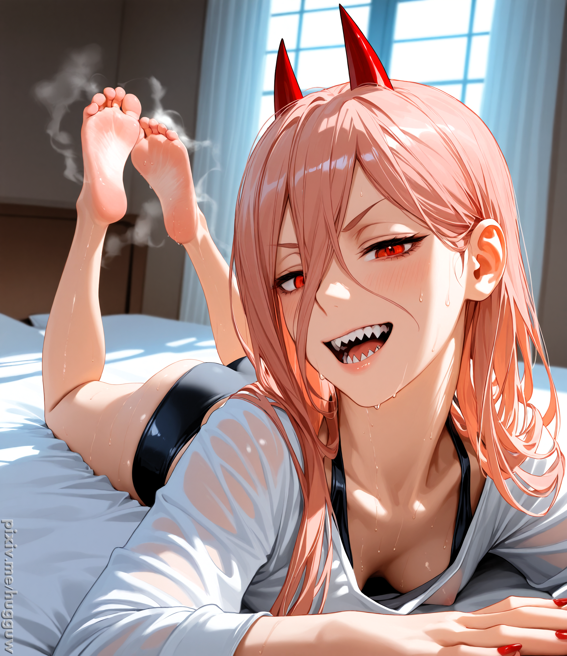 ai generated, chainsaw man, feet, female, female only, gym, gym shorts, gym uniform, hugguw, legs apart, looking at viewer, midriff, nail polish, nipples, nipples visible through clothing, painted nails, pink hair, power (chainsaw man), red nails, red toenails, see-through, see-through clothing, shorts, small breasts, soles, solo, spandex, spandex shorts, steam, steamy, sweat, sweaty, the pose, toes