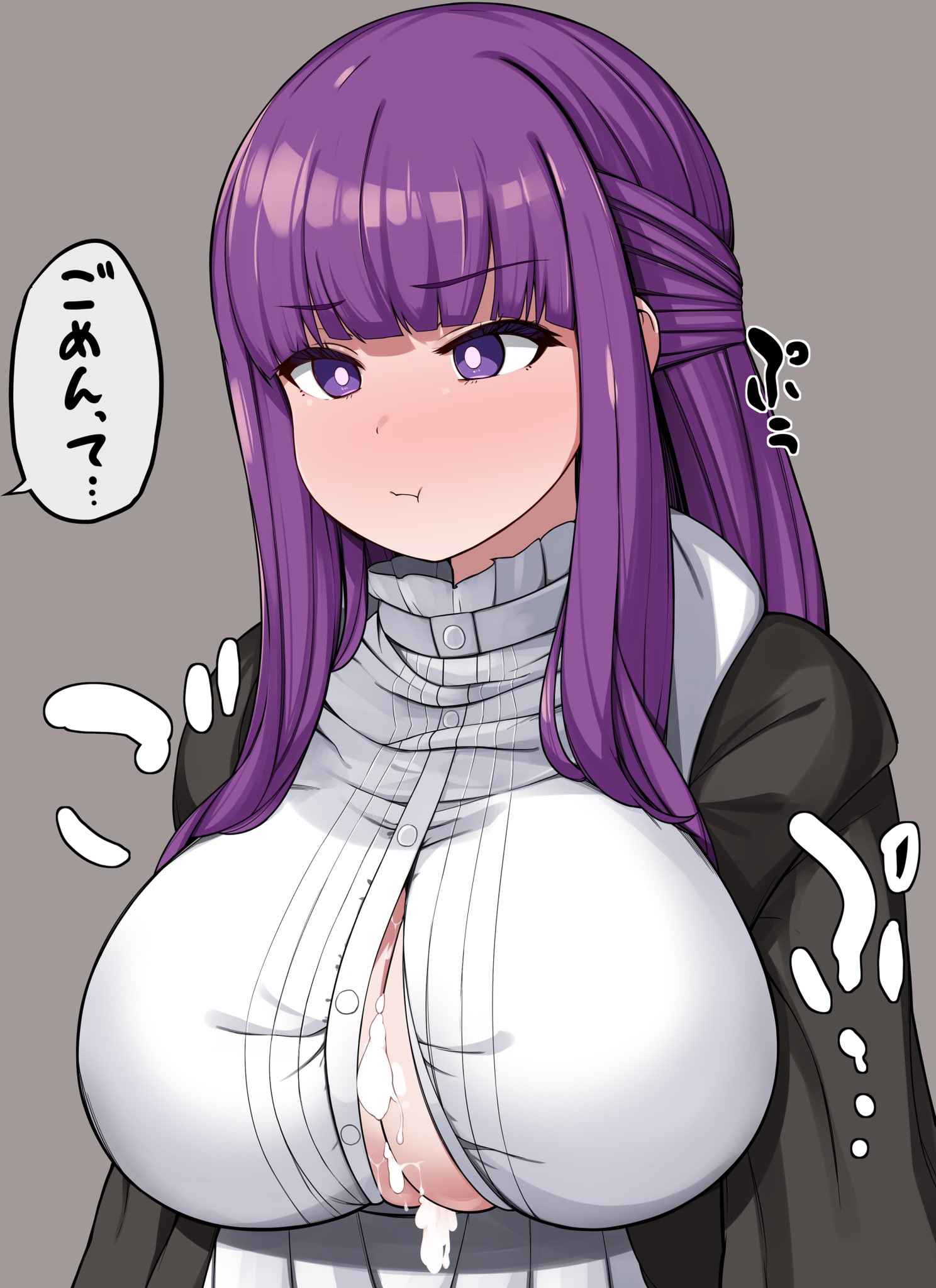 1girls, after paizuri, after sex, angry, bangs, big breasts, blush, breasts, cum, cum bridge, cum on body, cum on breasts, cum on upper body, embarrassed, eyebrows visible through hair, female, female only, fern (sousou no frieren), grey background, huge breasts, light-skinned female, limbochang2, long hair, pout, purple eyes, purple hair, solo, sousou no frieren