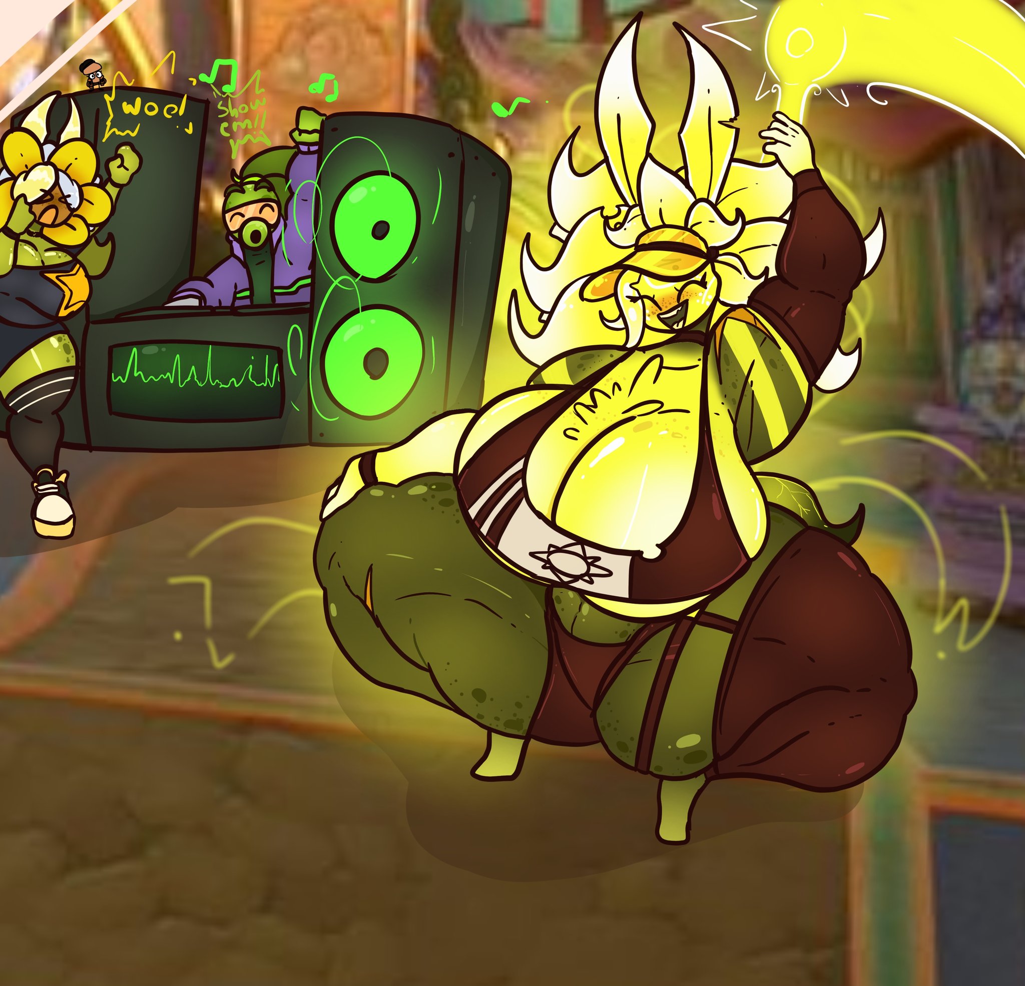 2d, 2d (artwork), 2d artwork, big breasts, big thighs, chest tuft, dj arts, fat ass, flower, freckles, freckles on ass, glowing, glowing body, glowing breasts, glowing eyes, green skin, huge ass, huge breasts, huge butt, huge thighs, muscular, muscular female, mushroom toppin, peashooter (pvz), plantie, plants vs zombies, plants vs zombies: garden warfare, revealing clothes, sunflower (pvz), sunflower queen (pvz), sunny (dj arts), thighs, yellow hair
