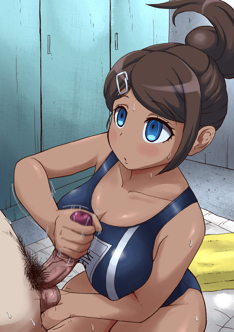 1boy, 1girls, asahina aoi, balls, blue eyes, brown hair, caressing balls, caressing testicles, competition swimsuit, danganronpa, dark skin, dark-skinned female, female, handjob, male, one-piece swimsuit, penis, straight hair, swimsuit, testicles