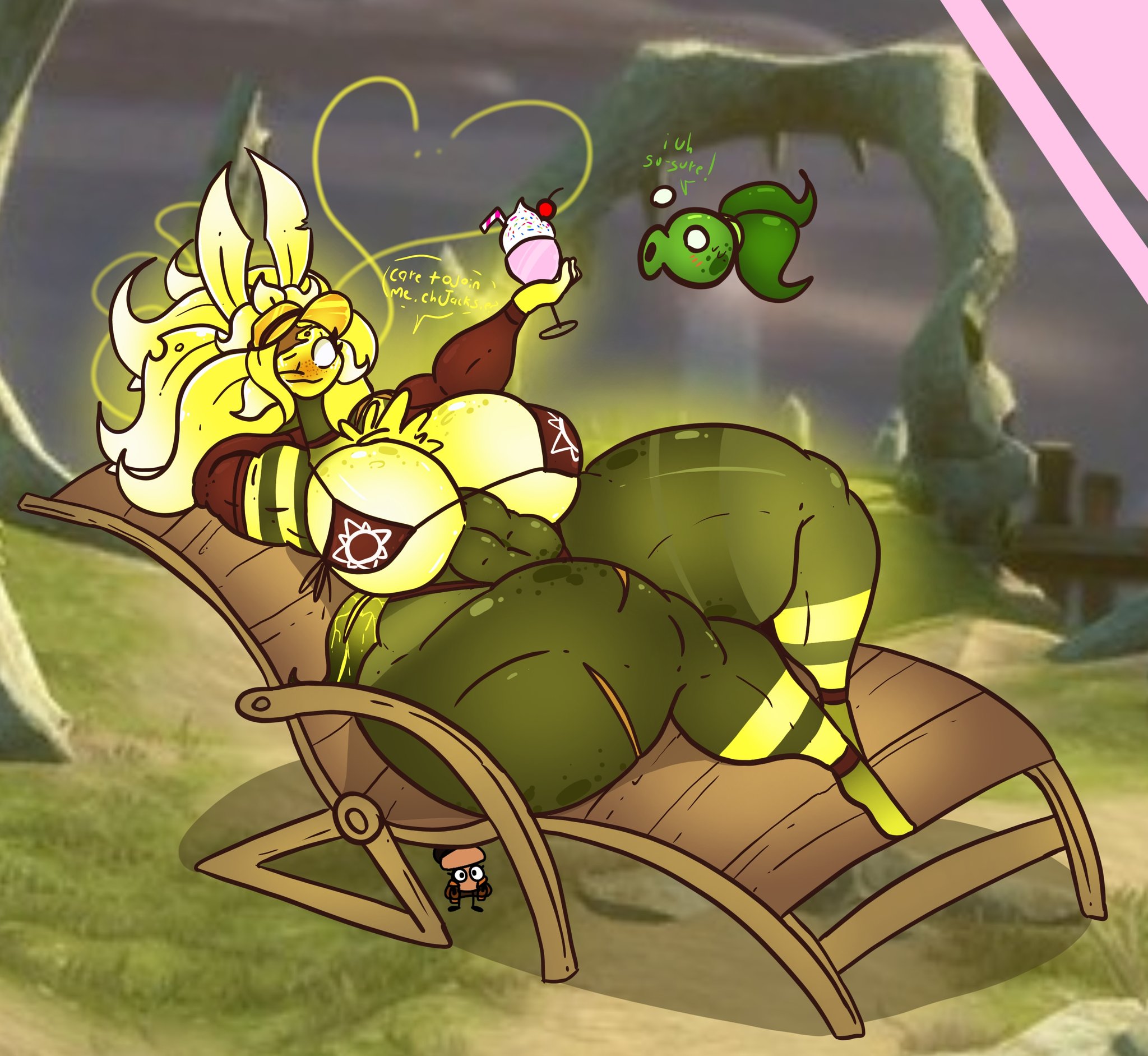 2d, 2d (artwork), 2d artwork, big breasts, big thighs, chest tuft, dj arts, fat ass, flower, freckles, freckles on ass, glowing, glowing body, glowing breasts, glowing eyes, green skin, huge ass, huge breasts, huge butt, huge thighs, muscular, muscular female, mushroom toppin, peashooter (pvz), plantie, plants vs zombies, plants vs zombies: garden warfare, revealing clothes, sunflower (pvz), sunflower queen (pvz), sunny (dj arts), thighs, yellow hair