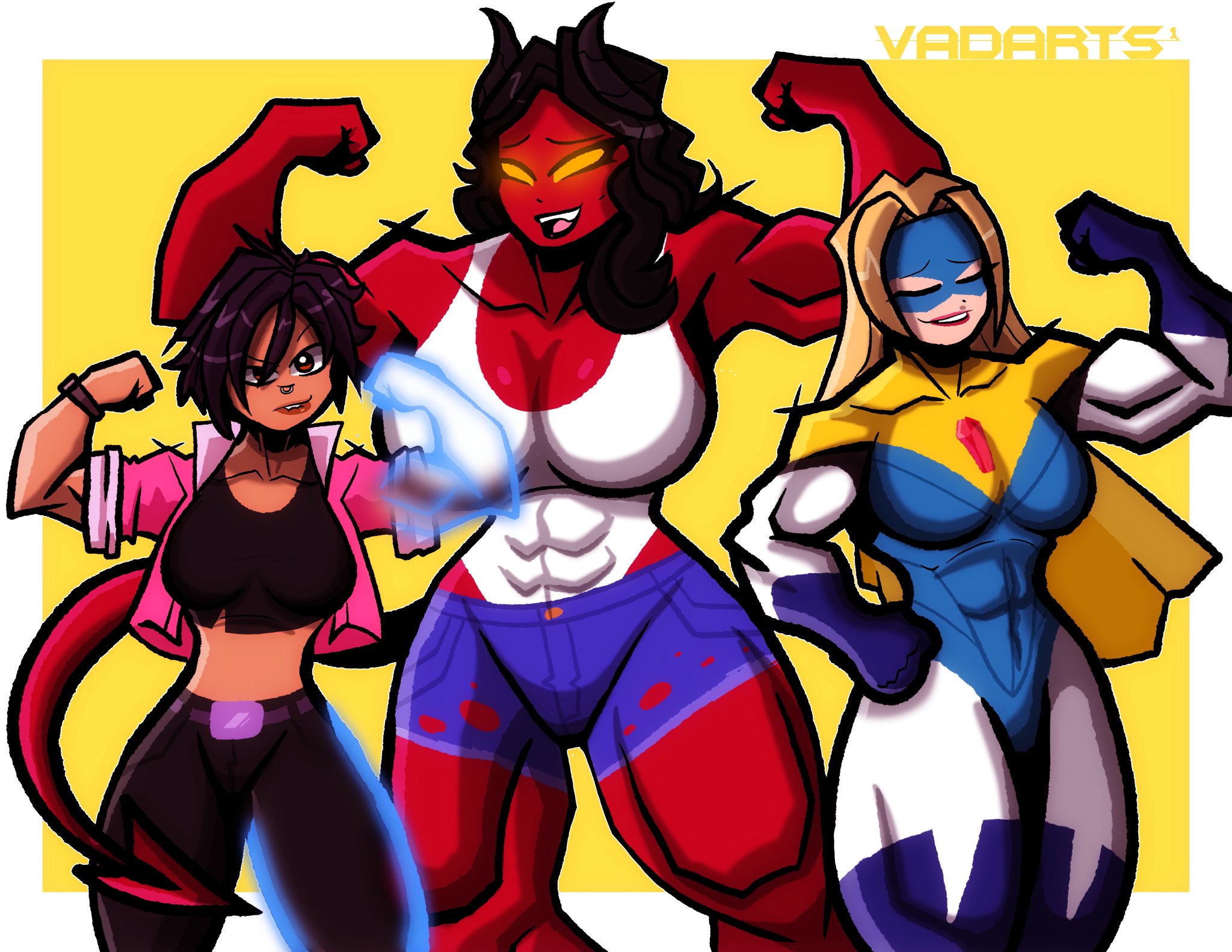 3girls, big ass, big breasts, big thighs, blonde blazer, breasts, courtney (dispatch), curvaceous, curvy, curvy figure, demon, demon girl, demoness, digital media (artwork), dispatch (game), female, half demon, half-demon, hips, hourglass figure, invisigal, legs, light skin, light-skinned female, malevola gibb, mandy (dispatch), mature, mature female, nose piercing, red body, red skin, red-skinned female, sketch, slim waist, tan body, tan skin, tan-skinned female, thick, thick hips, thick legs, thick thighs, thighs, tomboy, vadarts, voluptuous, waist, wide hips