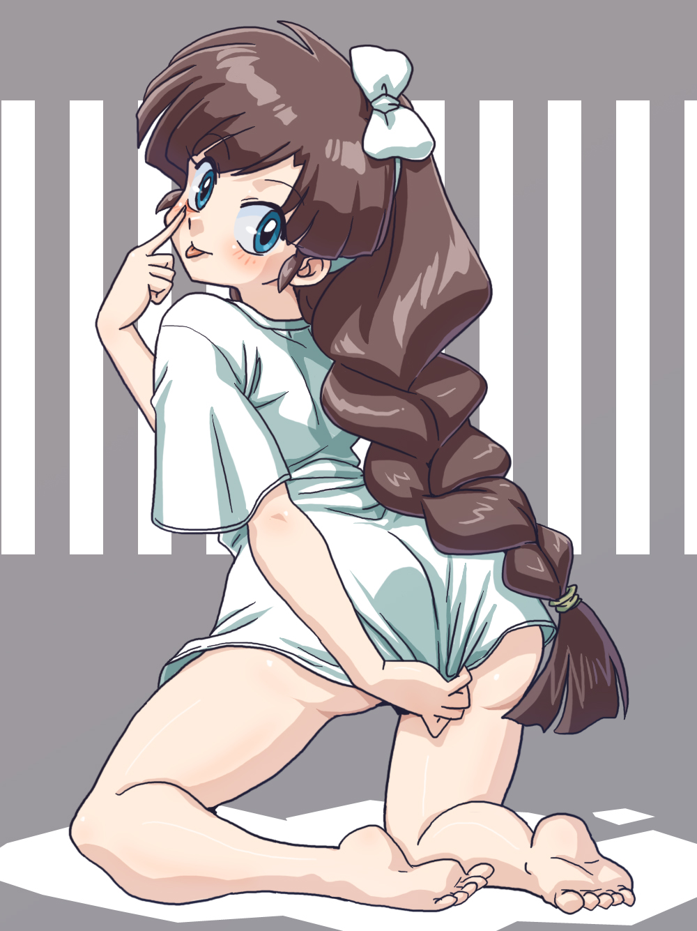 1girls barefoot blue_eyes blush bottomless braided_hair braided_ponytail brown_hair female female_only focus_on_ass human kneeling long_hair looking_at_viewer only_female only_shirt oversized_shirt ranma_1/2 ribbon shirt_only solo t-shirt tongue_out ukyo_kuonji wanta_(futoshi)