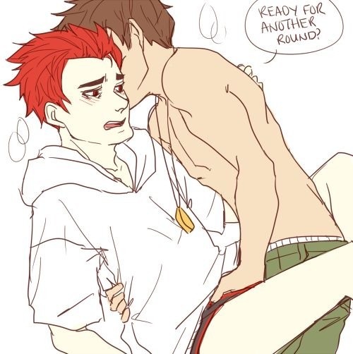 2boys artist_request beige_skin bottomless brown_hair color dialogue english_text gay hand_in_pants heavy_breathing hoodie human jack_spicer male male_only multiple_males necklace panting pendant raimundo_pedrosa red_eyes red_hair topless white_background white_skin xiaolin_showdown yaoi