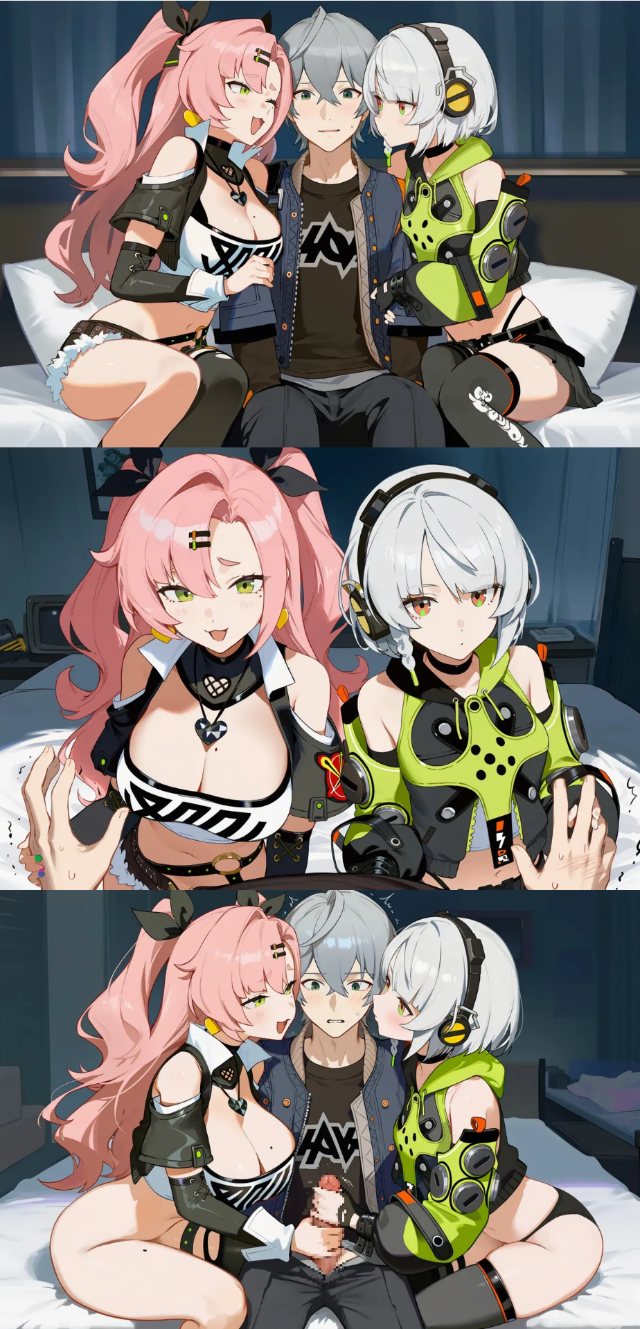 1boy, 2girls, ai generated, anby demara, bare thighs, big breasts, big penis, blush, embarrassed, green eyes, grey hair, handjob, headphones, howsir, huge breasts, huge cock, huge thighs, imminent sex, light skin, light-skinned female, light-skinned male, long hair, massive breasts, nicole demara, no panties, orange eyes, panties, penis, penis out, pink hair, short hair, smiling, squatting, sweat, sweatdrop, thick body, thick female, thick thighs, thighs, threesome, twintails, voluptuous, voluptuous female, white hair, wise (zenless zone zero), zenless zone zero