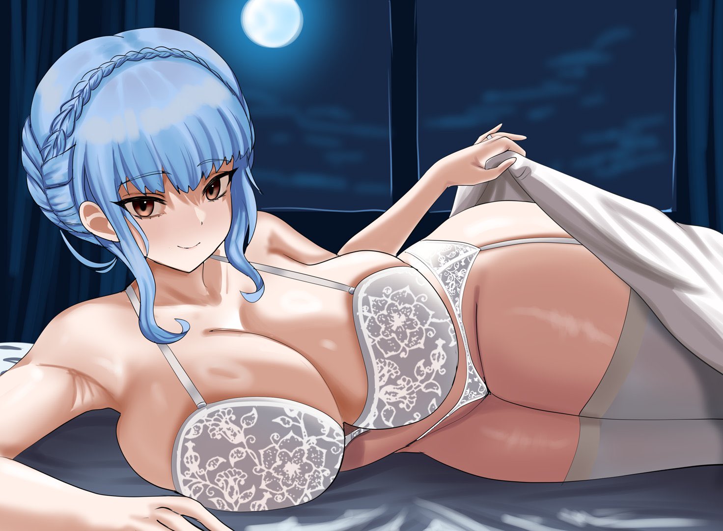 1girl, 1girls, armpits, ass, bangs, bare arms, bare shoulders, bed sheet, bedroom, big ass, big breasts, blue hair, bra, braid, breast press, breasts, brown eyes, cleavage, collarbone, commission, crown braid, eyebrows visible through hair, female, female only, fire emblem, fire emblem: three houses, full moon, gudakoguda, huge breasts, lingerie, looking at viewer, lying, marianne von edmund, moon, night, night sky, nintendo, on side, panties, presenting, skindentation, sky, smile, solo, thick thighs, thighhighs, thighs, underwear, white bra, white panties, white thighhighs