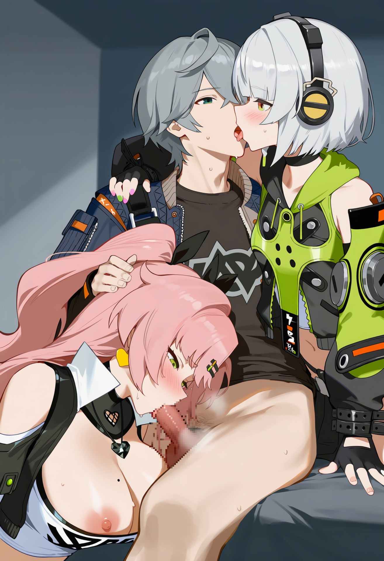 1boy, 2girls, ai generated, anby demara, areolae, balls, big balls, big breasts, big penis, blowjob, blush, breasts out, french kiss, green eyes, grey hair, headphones, howsir, huge areolae, huge balls, huge breasts, huge cock, huge nipples, light skin, light-skinned female, light-skinned male, long hair, massive breasts, nicole demara, nipples, oral sex, orange eyes, penis, pink hair, puffy nipples, short hair, squatting, sweat, sweatdrop, thick body, thick female, threesome, twintails, voluptuous, voluptuous female, white hair, wise (zenless zone zero), zenless zone zero