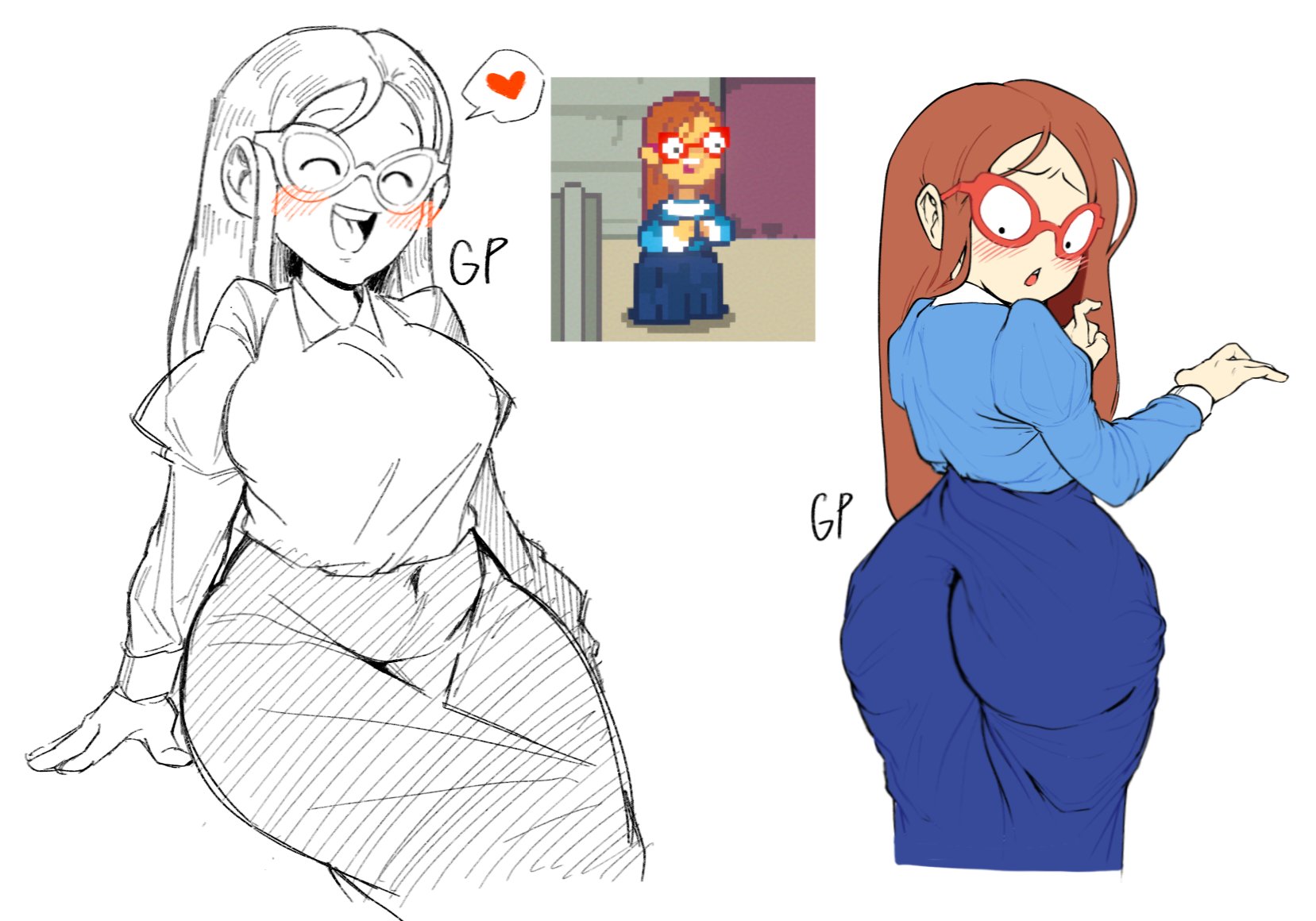 :o, 1girls, ass, big ass, big breasts, blush, breasts, brown hair, dress, eyewear, glasses, heart, kindergarten (game), kindergarten 3, large ass, large breasts, light skin, light-skinned female, long hair, long sleeves, looking back, ms. lovelett, n12griffith, open mouth, partially clothed, red eyewear, red glasses, reference image, sidelocks, simple background, sitting, skindentation, solo, speech bubble, teacher, thick thighs, watermark, white background, wide hips
