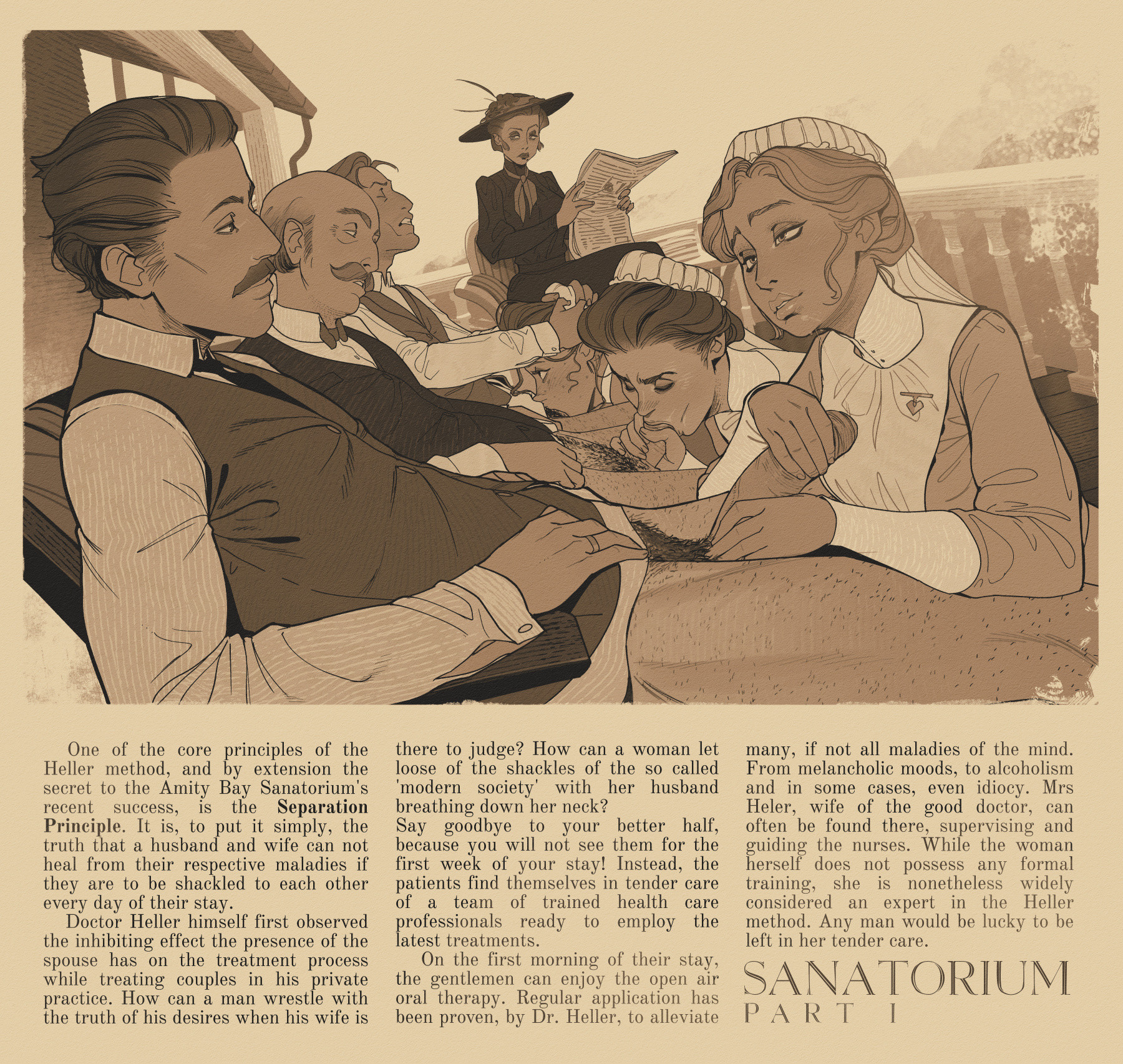 2026, 2d, 2d (artwork), 3boys, 4girls, blowjob, english text, fellatio, female, incase, light skin, light-skinned female, light-skinned male, male, monochrome, multiple boys, multiple girls, oldschool, oral, oral penetration, oral sex, original, original character, outdoors, sepia, text, vintage, watching