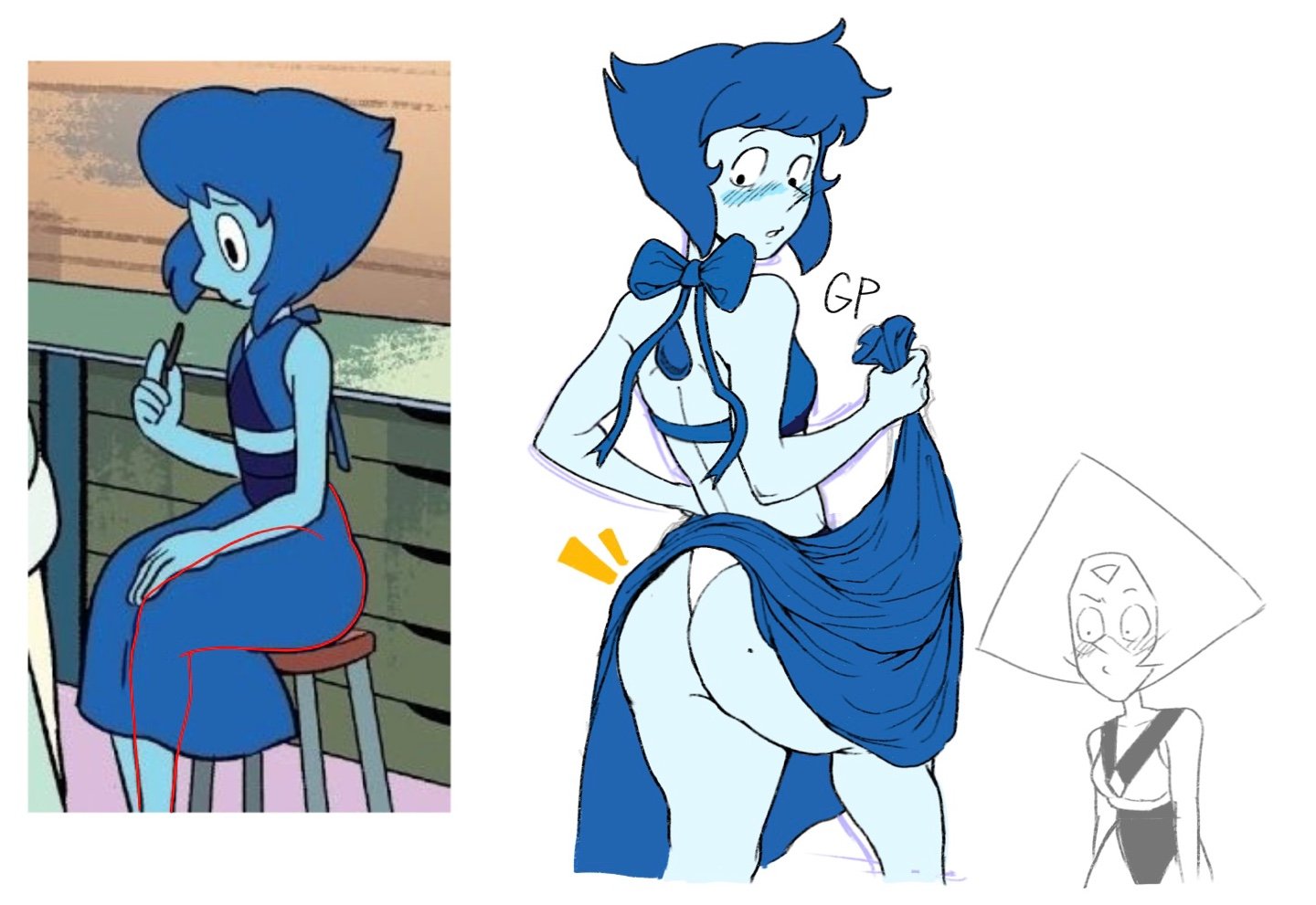 2girls, alien girl, ass eating thong, bangs, beauty mark, beauty mark on ass, black eyes, blue body, blush, bottom heavy, cartoon network, clothes, gem (species), lapis lazuli (steven universe), looking at another, looking back, looking down, n12griffith, panties, partially colored, peridot (steven universe), reference image, sidelocks, skirt lift, steven universe, thick thighs, watermark, wedgie, white background